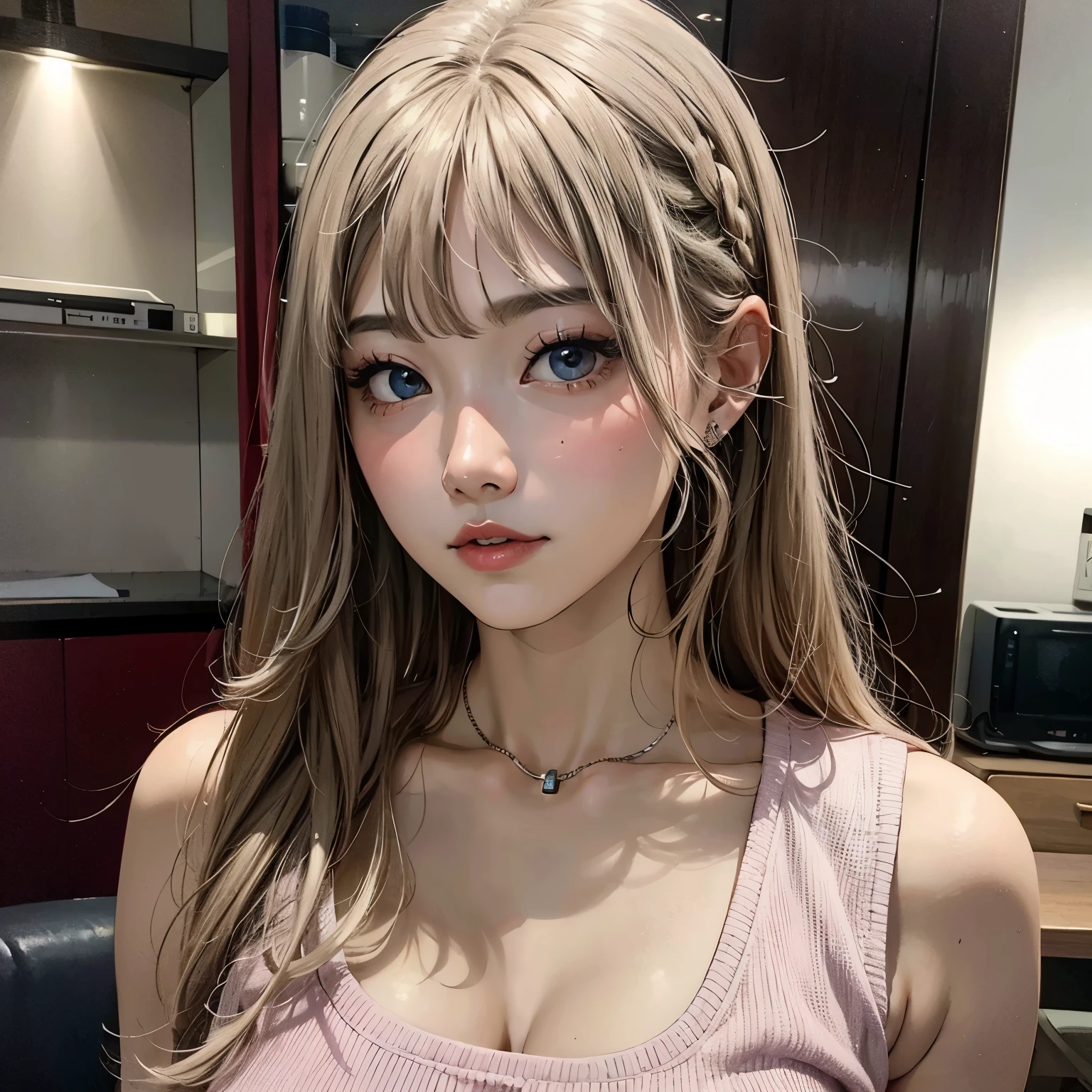 Arafi girl with long hair and pink top posing for a photo, Shirahime cut hairstyle, long hair With bangs, With bangs, neat hair With bangs, Long hair with plenty of bangs, long white hair and bangs, korean girl, Ulzzang, hair whitebangs hair, Larisa Manobar, popular korean makeup, gorgeous young korean woman、Drooping eyes