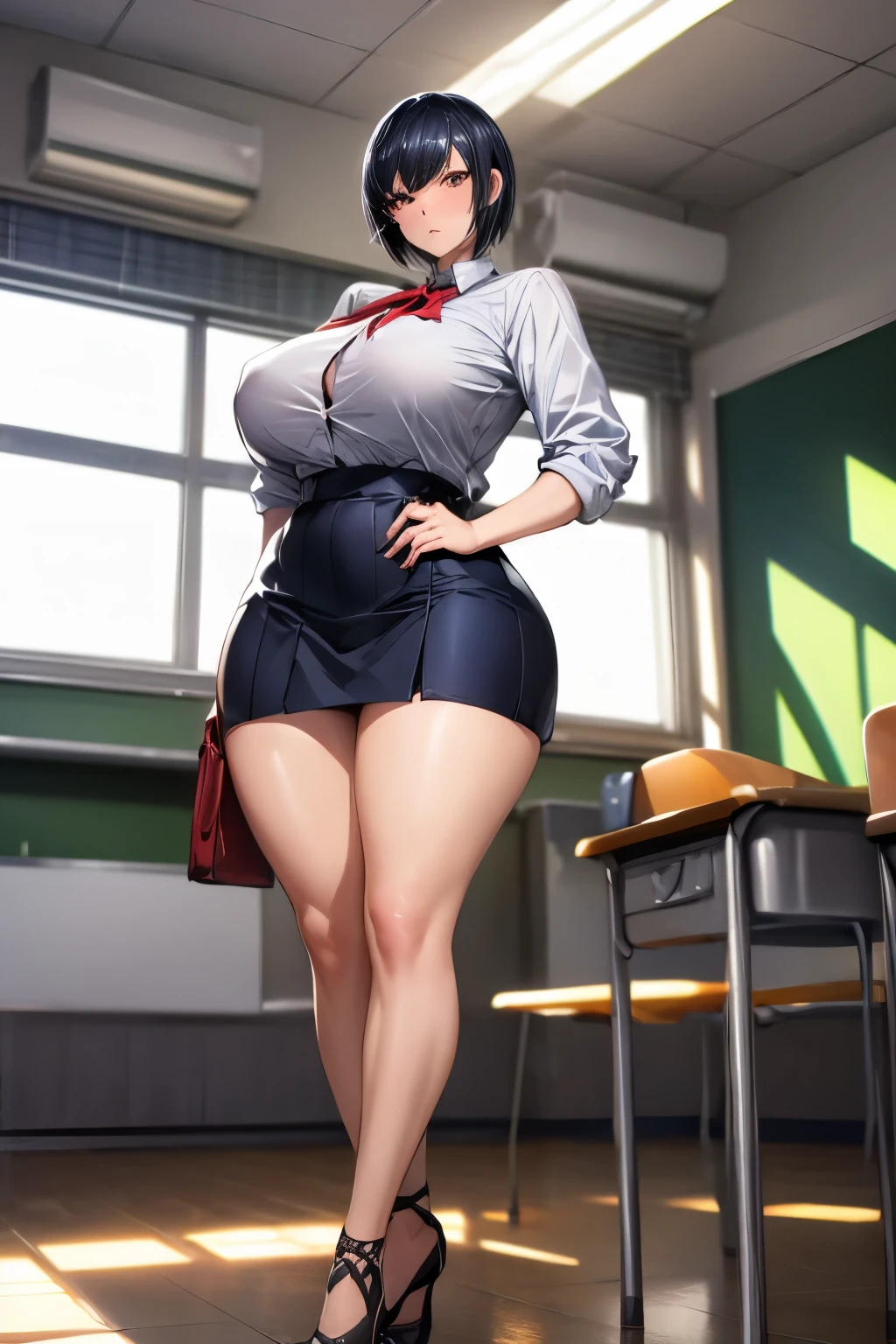 Solo best quality, masterpiece, extremely detailed CG, extremely detailed 8K wallpaper, indoors, classroom, masterpiece, best quality, extreme detail, Sharp anime style, sharp focus, intricate details, 1girl, huge breasts, highres, white school shirt, navy blue skirt, 8k, tomboy, black hair, brown eyes, female, fair skin, voluptuous, short black hair, high school girl, standing, hourglass figure, cool face, short hair, sharp and cool face, calm expression, fair skin, rather tall, full body shot, , school girl, white shirt, brown eyes, nijistyle, crossing arms under(gigantic breasts breasts 1.8)