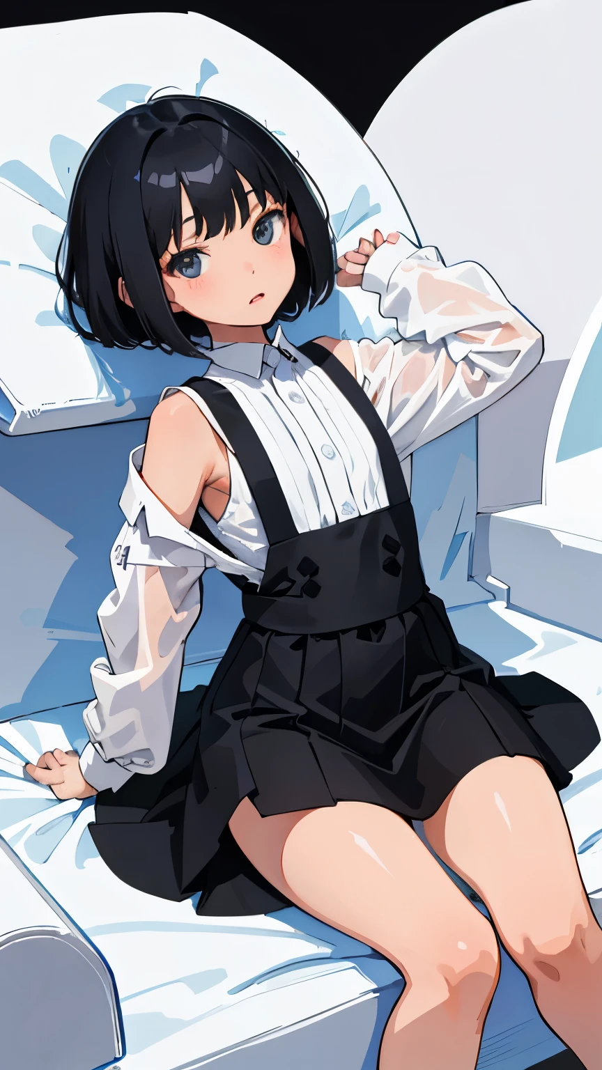 (short cute girl,small young student,young delicate girl),(masterpiece,Top quality),pinafore,black medium bob,sleepy,white background