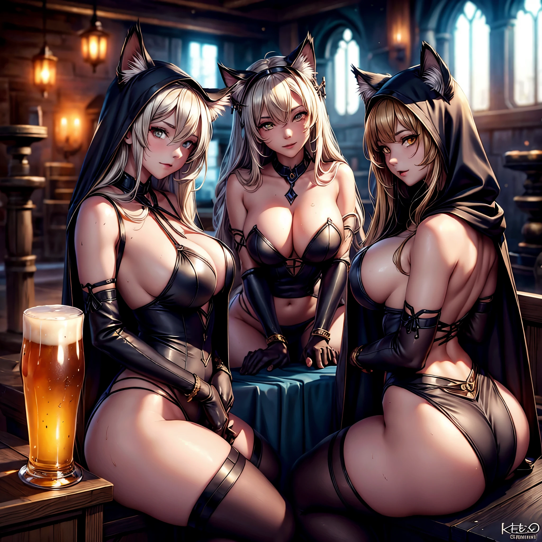 Darkness, 2 girls ,back view, (1 girl from behind), big round butt, blond hair, blond catgirl ears, catgirls, yellow eyes, sitting ,posing, beautiful, detailed skin, hour glass figure, revealing clothing, jewelry, collar, thong bikini, (transparent clothing), detailed hands, perfect quality, good quality, masterpiece, HDR, UHD, ((light smile:1.1)),lustful gaze, smiling, sweaty, hooded robes, holy light, halo, steamy atmosphere, ale, ale kegs, beer,