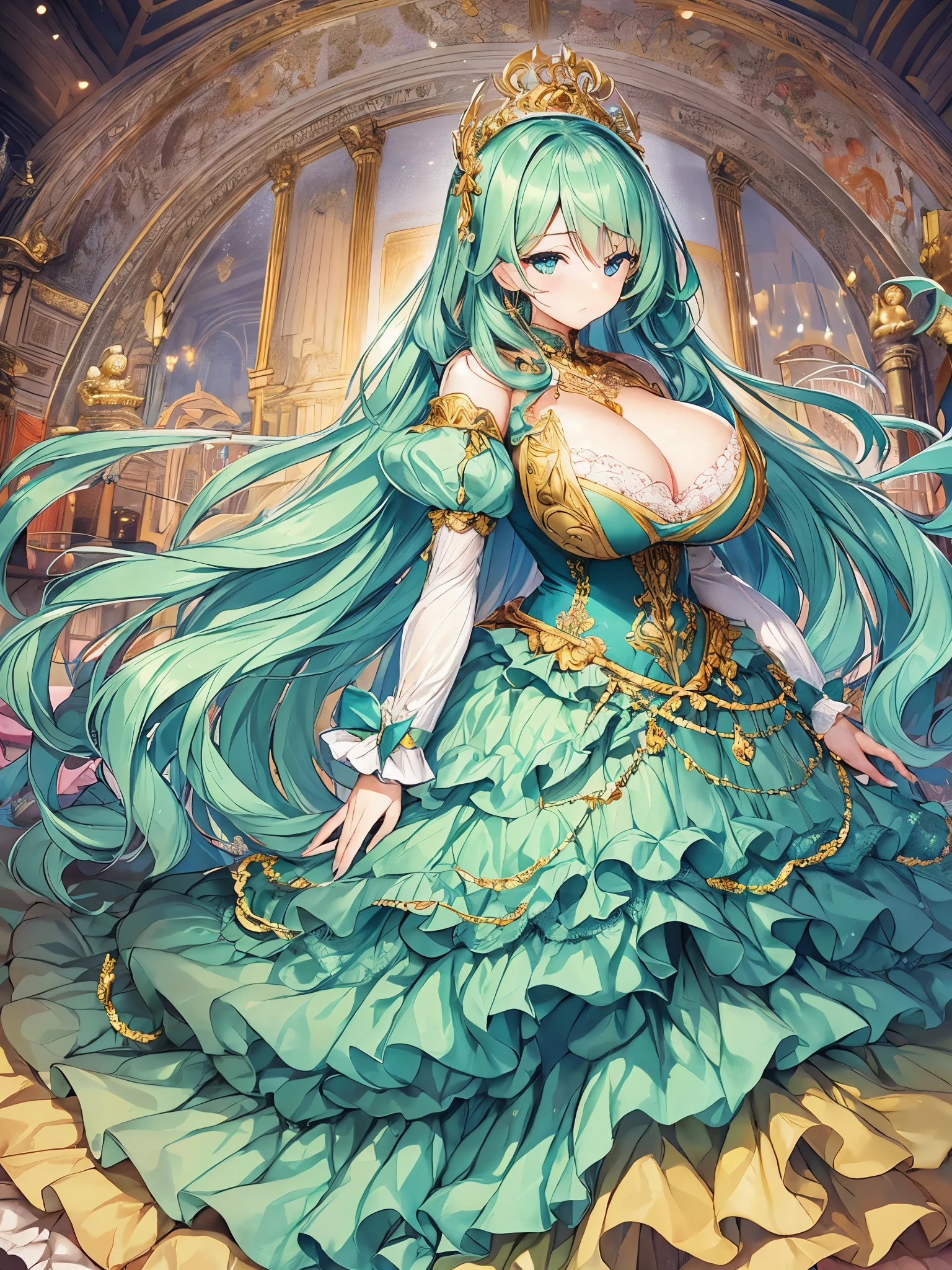 ((anime moe artstyle)),anime art,((Masterpiece)),(Best Quality), (Super Detail),(((Very Delicate and Beautiful))),Solo,((full body)),full body portrait,((1 setting princess in a beautiful embroidery and jeweled enormous luxurious voluminous crinoline rococo ballgown)),(((very very gigantic tits,cleavage,curvy))),Skindentation,((fantasy castle)),((crinoline,long train,voluminous full length hoop skirt)),beautiful embroidery and jeweled,(((enormous luxurious voluminous crinoline rococo ballgown))),(detailed face and eyes),jewel-like eyes,((extremely voluminous straight Hair,Extremely Long Straight Hair)),extremely gorgeous hair ornament,((extremely gorgeous bling-bling big tiara)),bling-bling luxurious jewelry,Beautifully detailed lots of lace and ruffles,(Dynamic Angle),((beautiful embroidery and jeweled gorgeous enormous luxurious voluminous crinoline rococo ballgown)),voluminous full length hoop skirt,full body