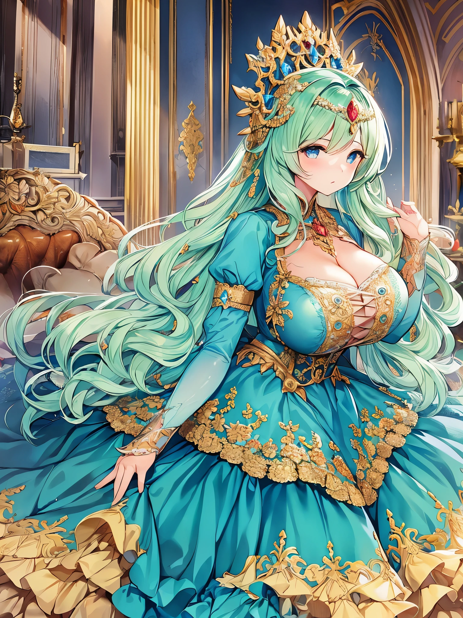 ((anime moe artstyle)),anime art,((Masterpiece)),(Best Quality), (Super Detail),(((Very Delicate and Beautiful))),Solo,((full body)),full body portrait,((1 setting princess in a beautiful embroidery and jeweled enormous luxurious voluminous crinoline rococo ballgown)),(((very very gigantic tits,cleavage,curvy))),Skindentation,((fantasy castle)),((crinoline,long train,voluminous full length hoop skirt)),beautiful embroidery and jeweled,(((enormous luxurious voluminous crinoline rococo ballgown))),(detailed face and eyes),jewel-like eyes,((extremely voluminous straight Hair,Extremely Long Straight Hair)),extremely gorgeous hair ornament,((extremely gorgeous bling-bling big tiara)),bling-bling luxurious jewelry,Beautifully detailed lots of lace and ruffles,(Dynamic Angle),((beautiful embroidery and jeweled gorgeous enormous luxurious voluminous crinoline rococo ballgown)),voluminous full length hoop skirt,full body