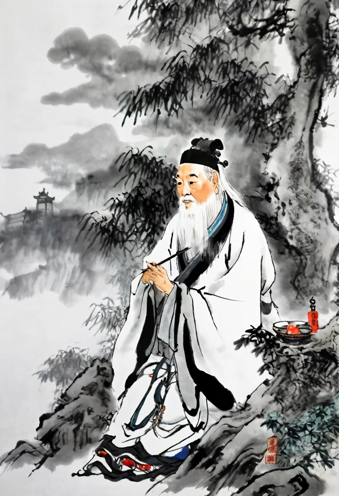 (best quality,masterpiece:1.2),perfectly detailed face,sitting under a tree,a white-haired old man,medicine gourd,Chinese scenery,ink splatters,ink texture,ink painting,Qi Baishi and Zhang Daqian style,ultra-fine quality