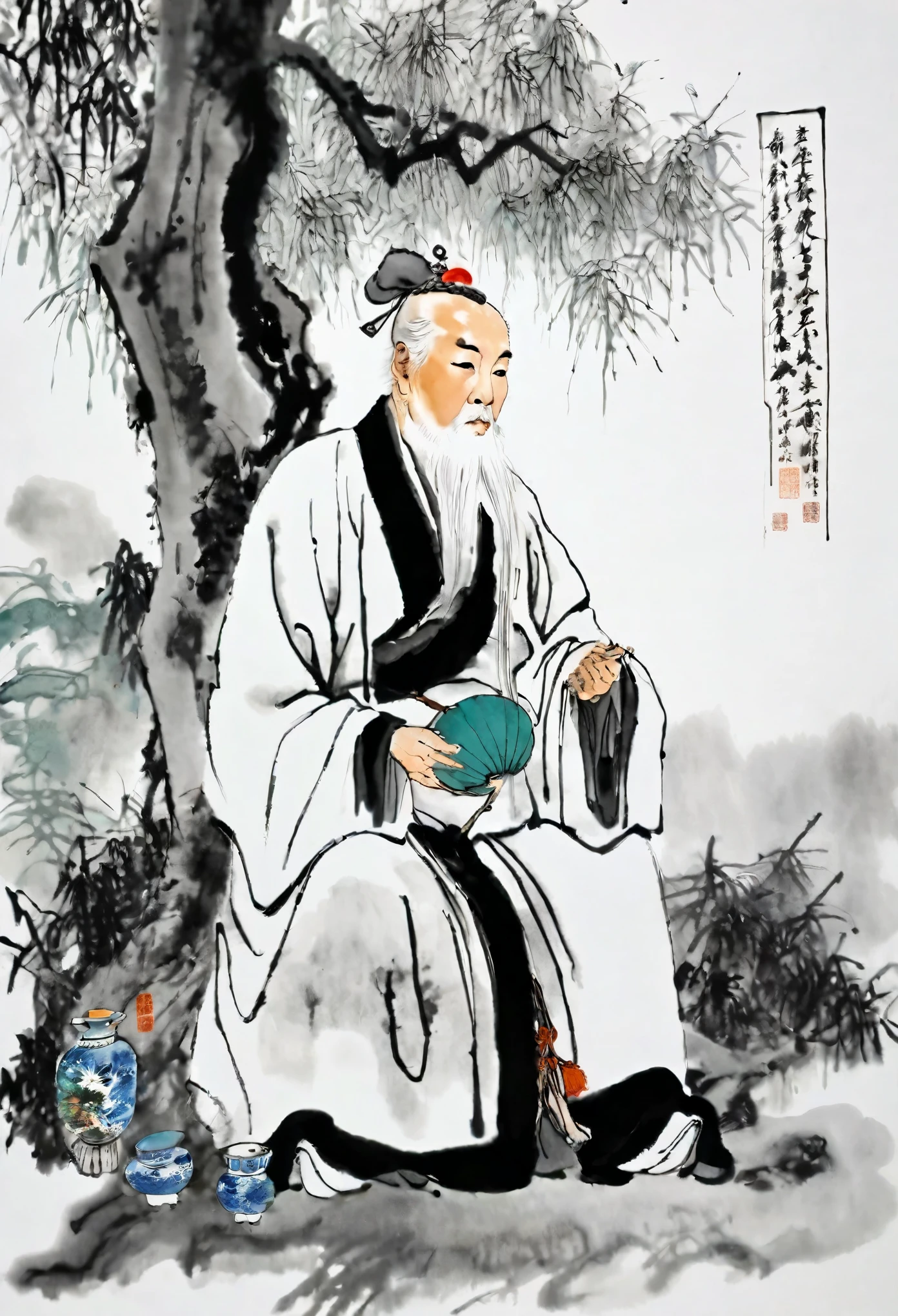 (best quality,masterpiece:1.2),perfectly detailed face,sitting under a tree,a white-haired old man,medicine gourd,Chinese scenery,ink splatters,ink texture,ink painting,Qi Baishi and Zhang Daqian style,ultra-fine quality