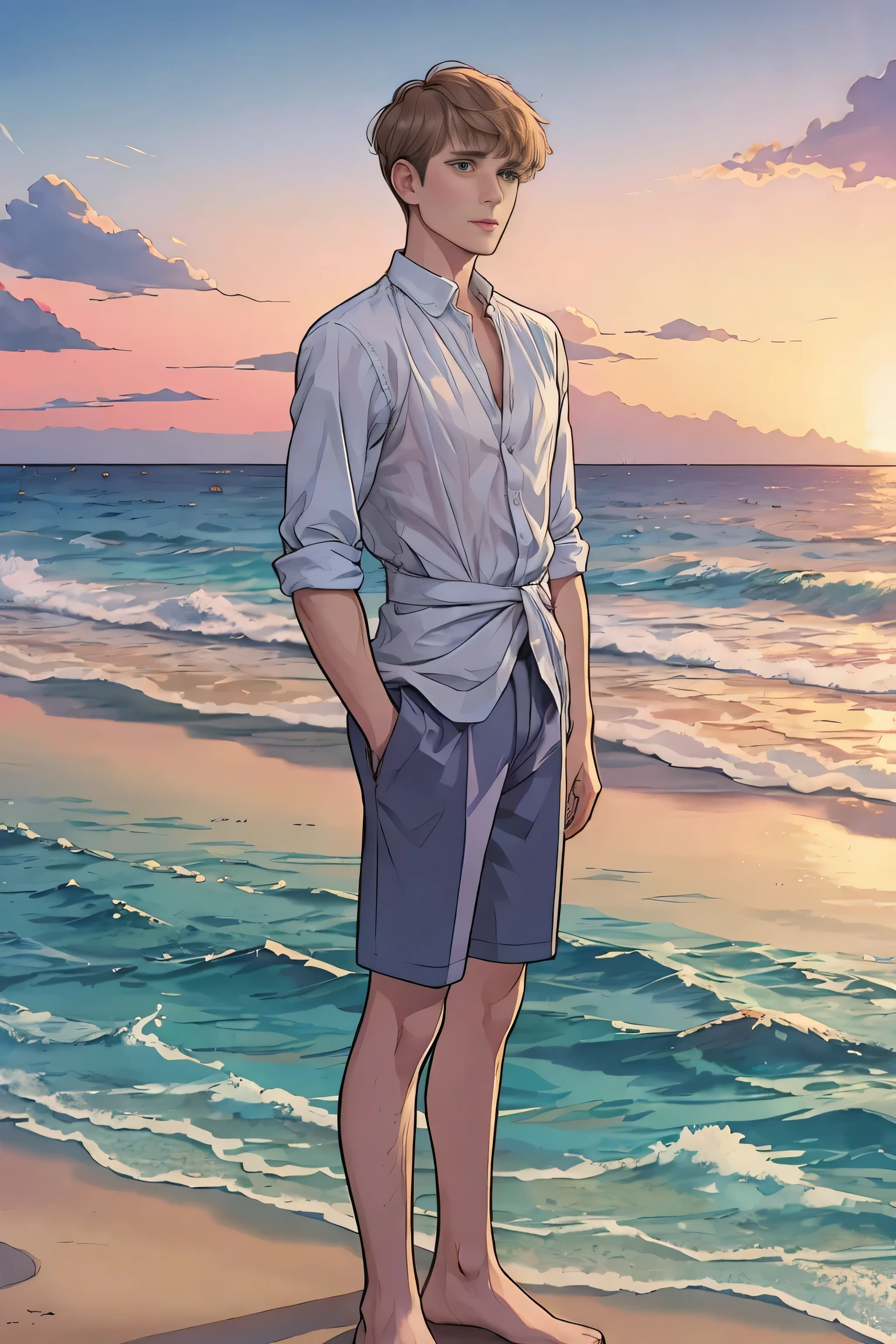 Short-haired man standing in front of the sea.
