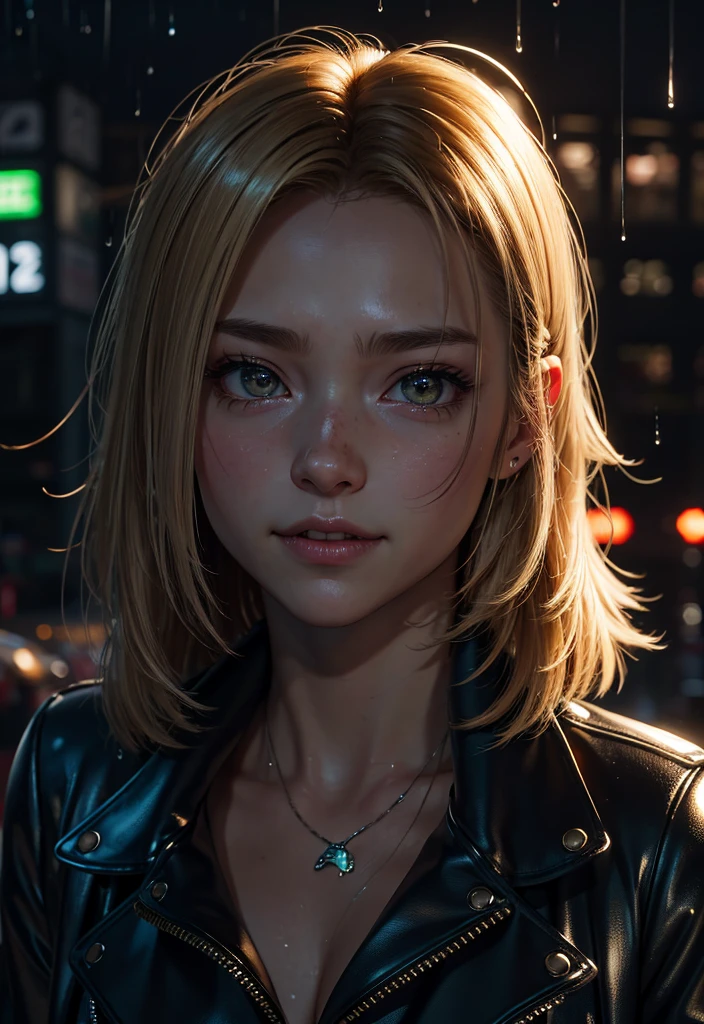 masterpiece, best quality, half body, portrait, night city, 1girl, anime, 3D, Japan, pixar, realistic, teen girl, smiling, cute face, leather jacket with glowing neon details, beautiful, colourful, neon lights, cyberpunk, wet smooth skin, illustration, artstation, painting by stanley artgerm lau, facing viewer, foreshortening, extremely detailed 8K, smooth, high resolution, ultra quality, highly detail eyes, highly detail mouth, highly detailed face, perfect eyes, both eyes are the same, true light, glare, Iridescent, Global illumination, real blond hair movement ((Windswept Messy Bob style)), real light, real shadow, real face, hd, 2k, 4k, 8k, 16k, realistic light, realistic shadow, bright Eyes, fluorescent eyes, soft light, dream light, cute angry grining face, pouring rain ((raindrops hitting her face))