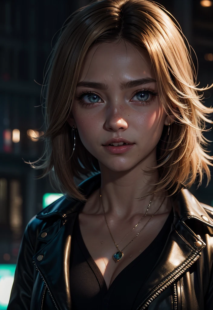 masterpiece, best quality, half body, portrait, night city, 1girl, anime, 3D, Japan, pixar, realistic, girl, smiling, cute face, leather jacket with glowing neon details, beautiful, colourful, neon lights, cyberpunk, wet smooth skin, illustration, artstation, painting by stanley artgerm lau, facing viewer, foreshortening, extremely detailed 8K, smooth, high resolution, ultra quality, highly detail eyes, highly detail mouth, highly detailed face, perfect eyes, both eyes are the same, true light, glare, Iridescent, Global illumination, real blond hair movement ((Windswept Messy Bob style)), real light, real shadow, real face, hd, 2k, 4k, 8k, 16k, realistic light, realistic shadow, bright Eyes, fluorescent eyes, soft light, dream light, cute angry grining face, pouring rain ((raindrops hitting her face))