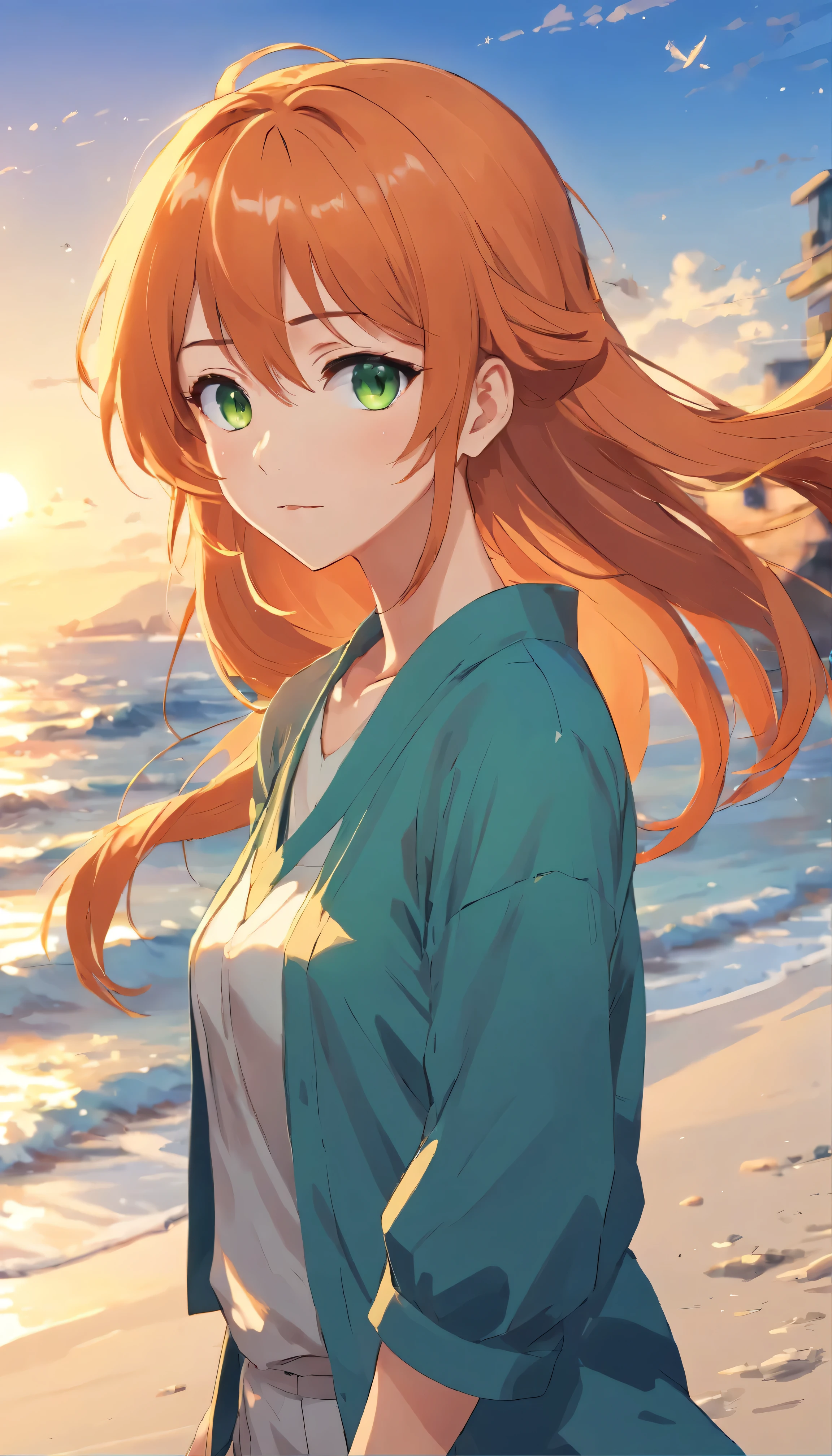 Anime girl with long orange hair, standing on the beach near the ocean, green eyes detailed digital anime art, Anime girl with long hair, гладкое аниме cg art, Anime girl with long hair, digital anime art, work in Guweiz style, Beautiful anime portrait, Photorealistic render of an anime girl, Beautiful anime girl, advanced digital anime art, guweiz на artstation pixiv HD UHD HQ