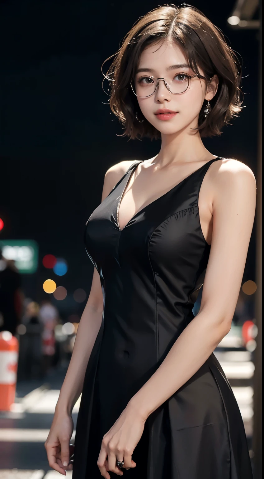 ((((short hair)))), ((((brown hair)))), best quality, 8K, HDR, highres, absurdres:1.2, blurry background, bokeh:1.2, Photography, (RAW photo:1.2), (photorealistic:1.4), (masterpiece:1.3), (intricate details:1.2), 1girl, solo, japanese girl, delicate, beautiful detailed, (detailed eyes), (detailed facial features), , beautiful and clear eyes, detail eye pupil, (((large breasts))), skin tight, (looking_at_viewer), from_front, (skinny), (best quality:1.4), (ultra highres:1.2), cinema light, (extreme detailed illustration), (lipgloss, best quality, ultra highres, depth of field, caustics, Broad lighting, natural shading, 85mm, f/1.4, ISO 200, 1/160s:0.75),1girl, solo, ((smile)), (((slim body))), (ulzzang-6500-v1.1:0.5), upper body, ((((black formal dress:1.2)))), standing,(pureerosface_v1:0.5), Tokyo street,night, cityscape,city lights, close up, Wear glasses