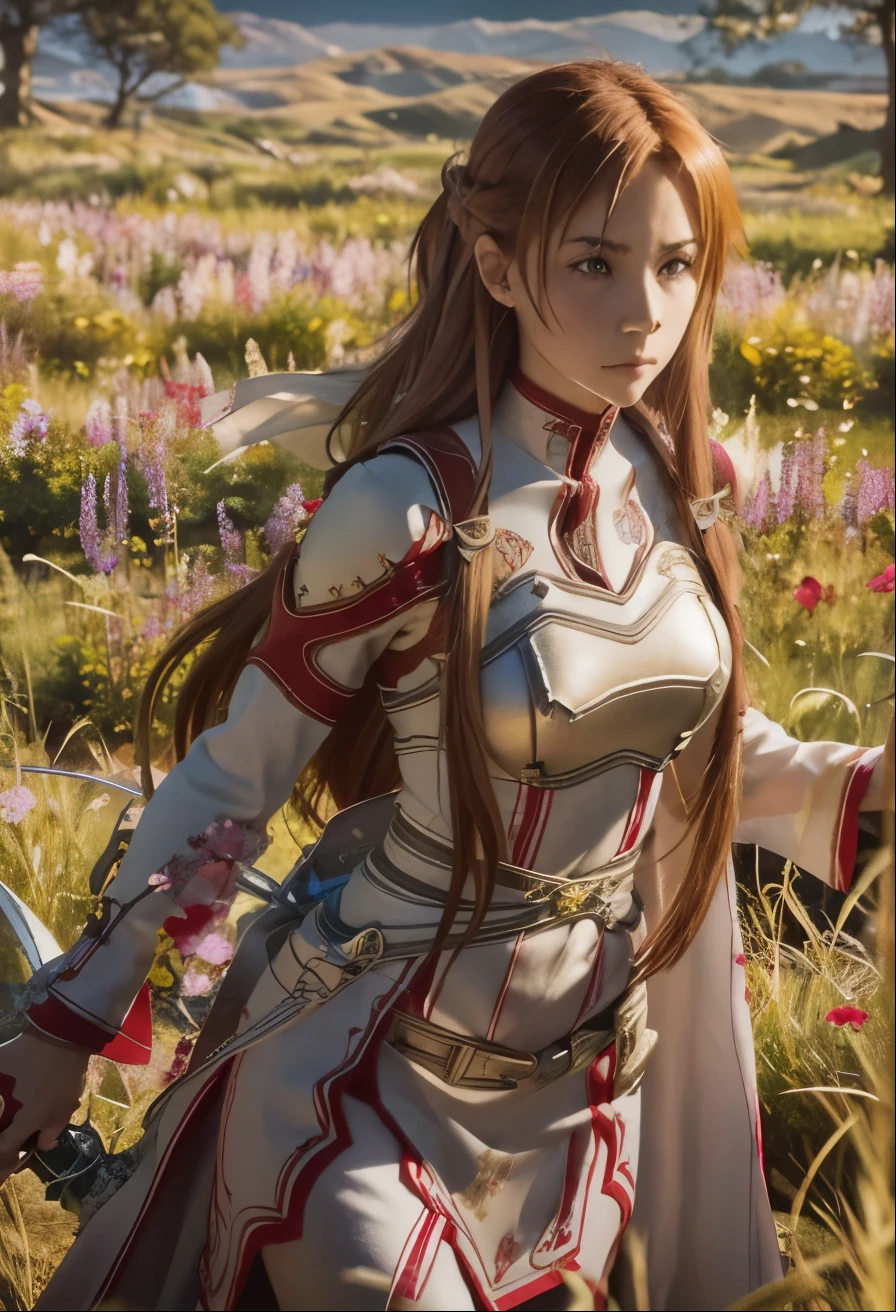 Create a hyper-realistic image of a woman inspired by Asuna from Sword Art Online. Her face is finely detailed with a balanced, oval shape and delicate features that carry a fierce yet compassionate expression. Her eyes, a deep hazel, hold a gaze of resolve and kind intelligence, reminiscent of Asuna’s persona.

Her auburn hair cascades past her shoulders with natural waves, catching the light and creating subtle highlights. Her attire is a realistic take on her virtual armor, with a red and white fighting outfit that’s both protective and allows agility, fitting her closely and highlighting her strong yet feminine form.

She stands in an open field, the game-like scenery around her a sprawling grassland dotted with wildflowers and distant mountains, blurring the line between the digital fantasy and reality. The rapier she holds is a true-to-life weapon, with intricate designs and a blade that gleams with a refined edge, ready for battle.”