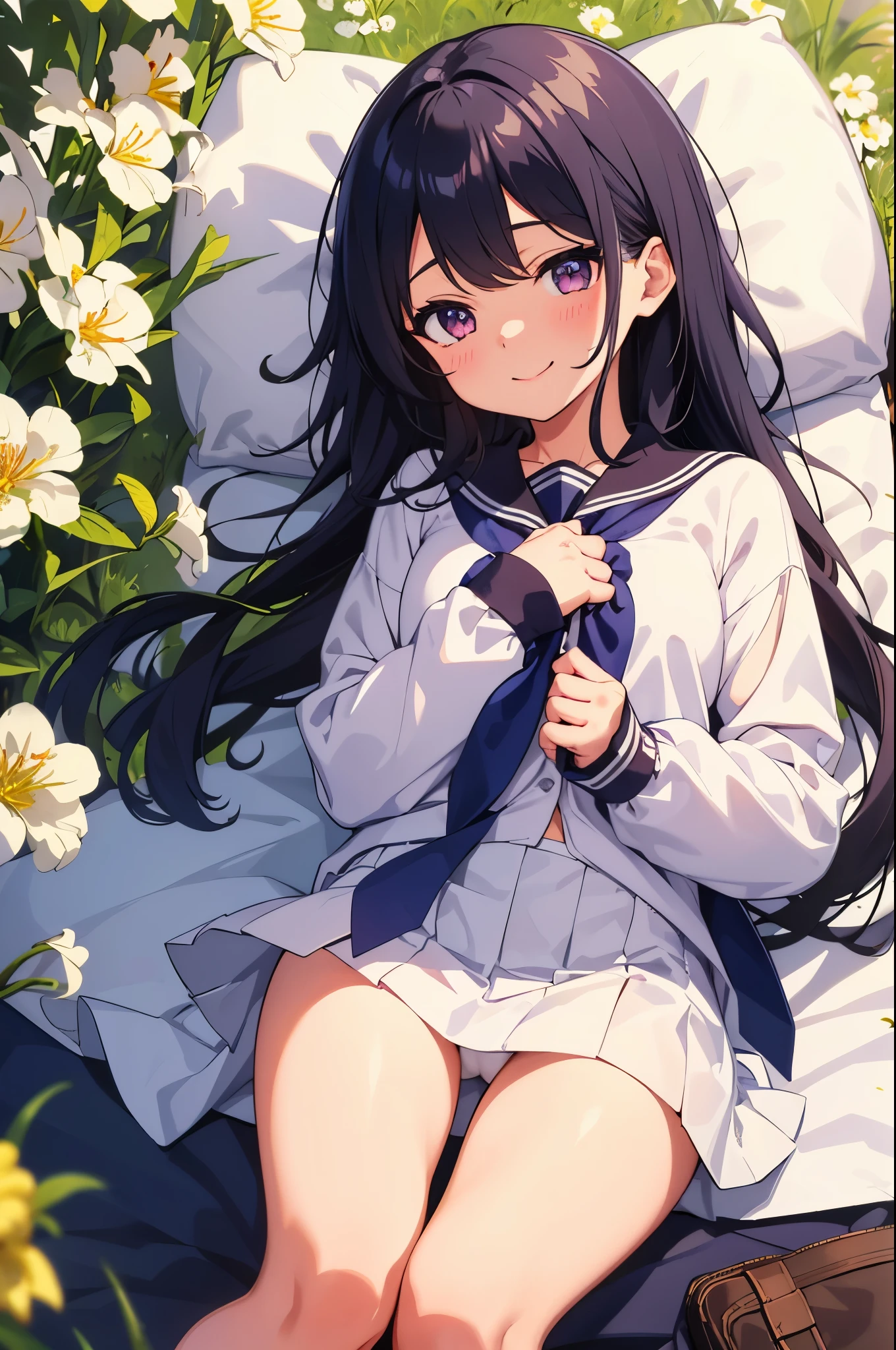 rape blossom field elementary school girl 8-year-old flat chest black hair long hair eyes are purple smile((1 person)) Upper body white long sleeve blouse Lower body navy blue miniskirt white panties rape blossom fieldで寝転がっている spread your legs a little((I can see white panties)) dynamic angle Low - Angle