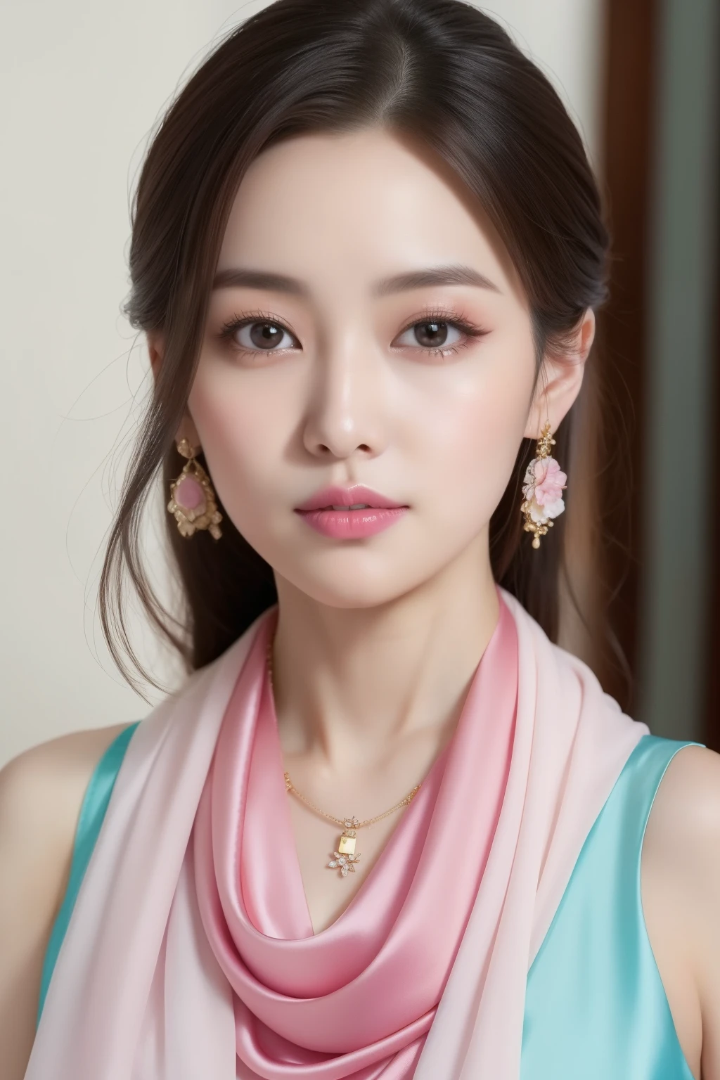Close-up of a woman wearing a silk scarf and necklace, a pastel inspired by Huang Ji, Instagram, tachisme, gorgeous chinese models, She was about 28 years old, she is about 30 years old, 8k selfie photograph, She was about 32 years old, Gorgeous young Korean woman, dilraba dilmurat, Scarf