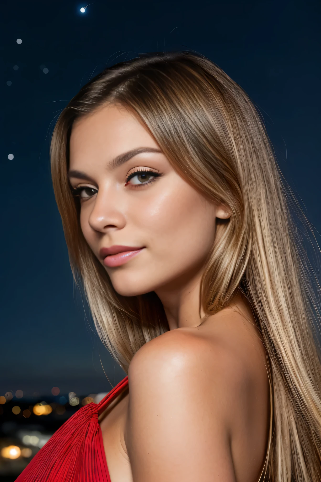 RAW close-up portrait of a 19 years old white girl, long blond hairbl, colossal tists, brown eyes, Best quality, Highly detailed face,, corrugated, (woman with brown eyes) in an apartment, Background in Toronto Ontario, back pose, Starry night sky, ,natural breasts_c, city night background , (Red summer dress), (neckline), detailed (textures!, Hair!, brightness, color!, imperfections:1.1), highly detailed bright eyes, (Looking at the camera), specular lighting, digital SLR, ultra quality, sharp focus, sharp, DOF, film grain, (center), Fujifilm XT3, crystal clear, center of frame, Cute face, sharp focus, Light pole, neon lights, Bokeh, (dimly lit), discreet, At night, (night sky)