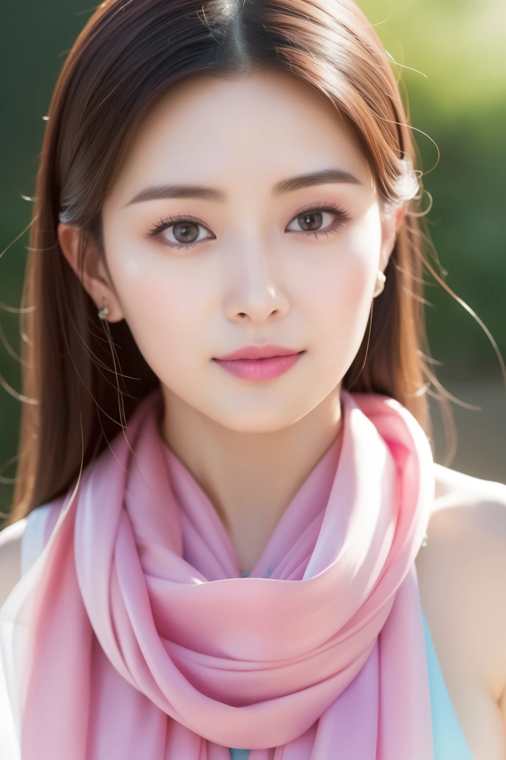 Close-up of a woman wearing a silk scarf and necklace, a pastel inspired by Huang Ji, Instagram, tachisme, gorgeous chinese models, She was about 28 years old, she is about 30 years old, 8k selfie photograph, She was about 32 years old, Gorgeous young Korean woman, dilraba dilmurat, Scarf