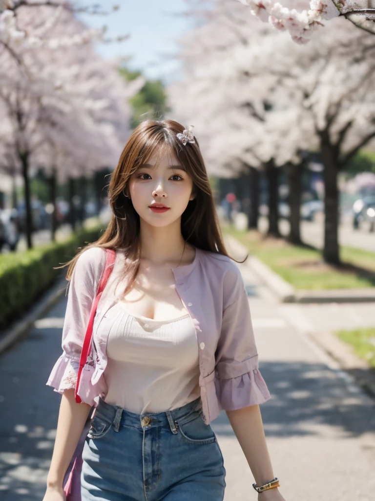 (masterpiece:1.2, highest quality), blur the background, ung Women, (big breasts), Plain clothes with little exposure, blushing face, looking at the viewer, (Walking along the cherry blossom trees), daytime,4K resolution