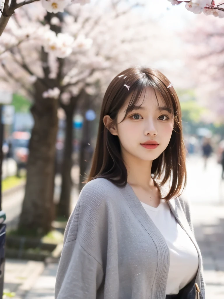 (masterpiece:1.2, highest quality), blur the background, 1 Young Women, (big breasts), Plain clothes with little exposure, blushing face, looking at the viewer, (Walking along the cherry blossom trees), daytime,4K resolution