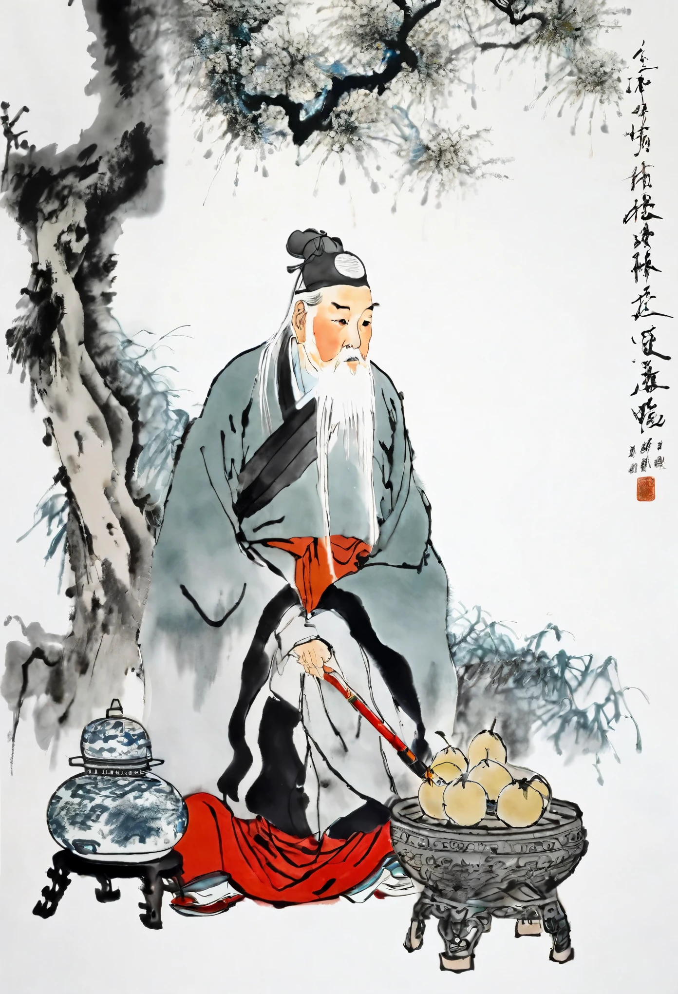 (best quality,masterpiece:1.2),perfectly detailed face,sitting under a tree,a white-haired old man,medicine gourd,Chinese scenery,ink splatters,ink texture,ink painting,Qi Baishi and Zhang Daqian style,ultra-fine quality