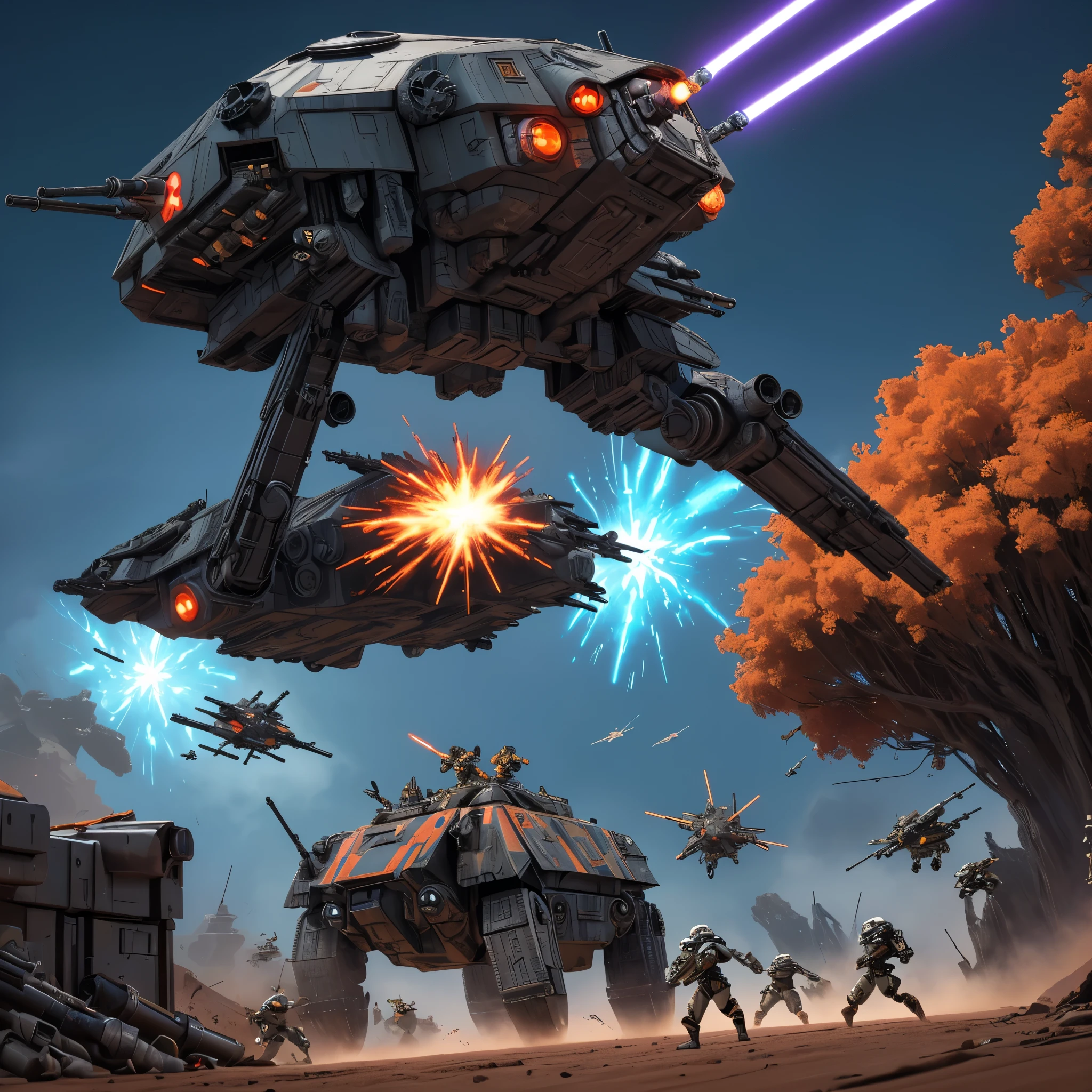 (aerial view,Gungan army fighting droid army,Star Wars),action-packed battle scene,detailed Gungan warriors,explosions and blaster fire,vibrant colors,dynamic lightsabers,realistic special effects,sci-fi atmosphere,epic proportions,immersive battle environment,huge droid army,thrilling combat,electrifying energy of the battle,massive war machines,awe-inspiring battleships,jaw-dropping visual spectacle,stunning choreographed fight sequences,grand scale of the conflict,futuristic weaponry and technology,high-res cinematic quality,otherworldly landscapes,iconic characters,charismatic generals,strong sense of heroism,military strategies and tactics,strategic deployments and maneuvers,dangerous skirmishes,heroic sacrifice,breathtaking aerial stunts,expansive battlefield,artistic camera angles,dramatic perspective shifts,intense emotions and expressions,high-octane action,emblematic Star Wars setting,visceral impact,immersive audio design,unforgettable battle experience