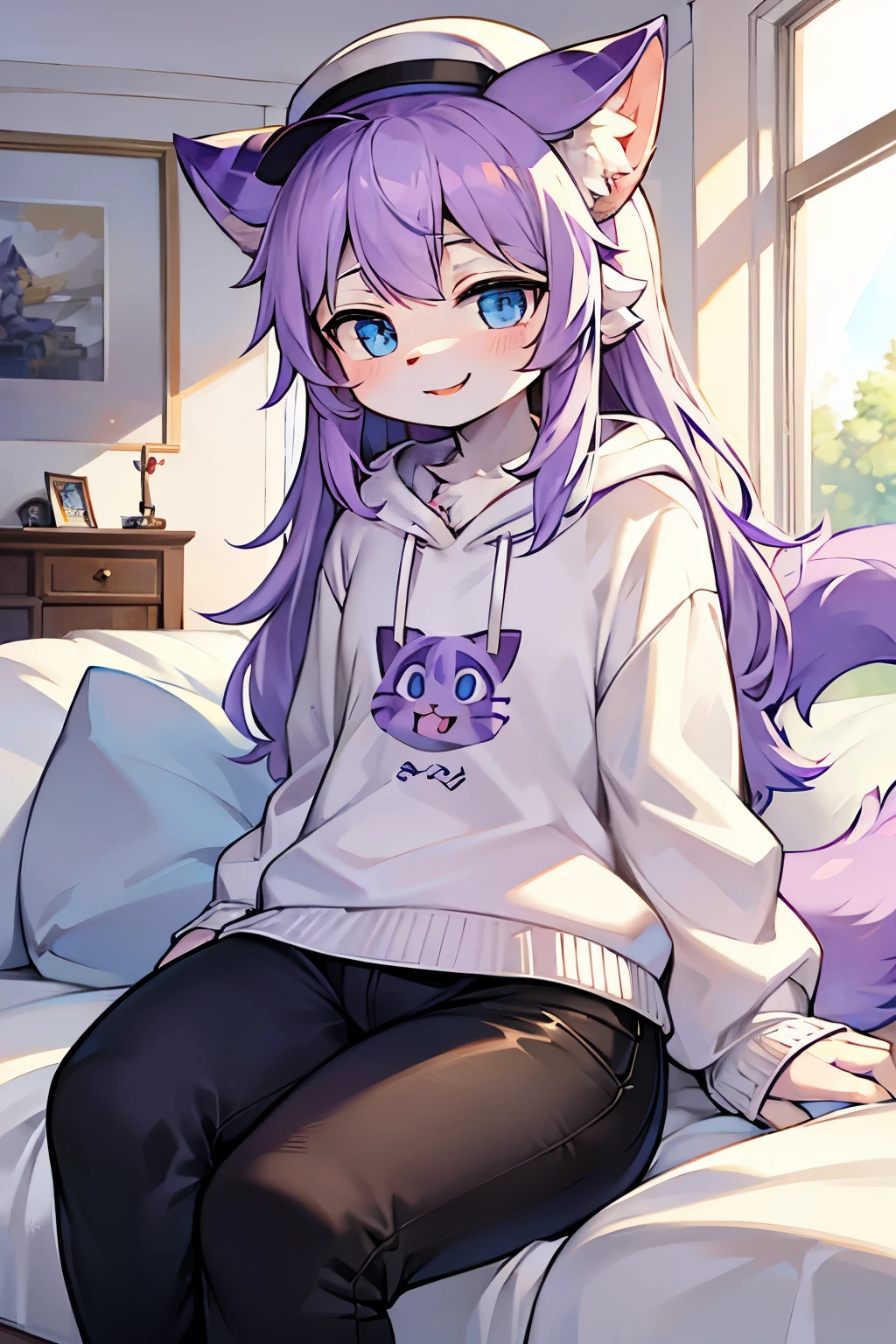 cat plush,two,hairy,furry,There are purple horns on the head,with hat,Colorful Patterned White Sweatshirt,Black jeans with white stripes,Q version,cute,Simple art style,Cartoon style,blue eyes white round pupils,Cheerful,happy,Purple hair on the ears White hair on the tips of the ears,purple hair on back,hairy 蓬松的狼尾,Big tail purple tail tip white,in living room,sitting on bed