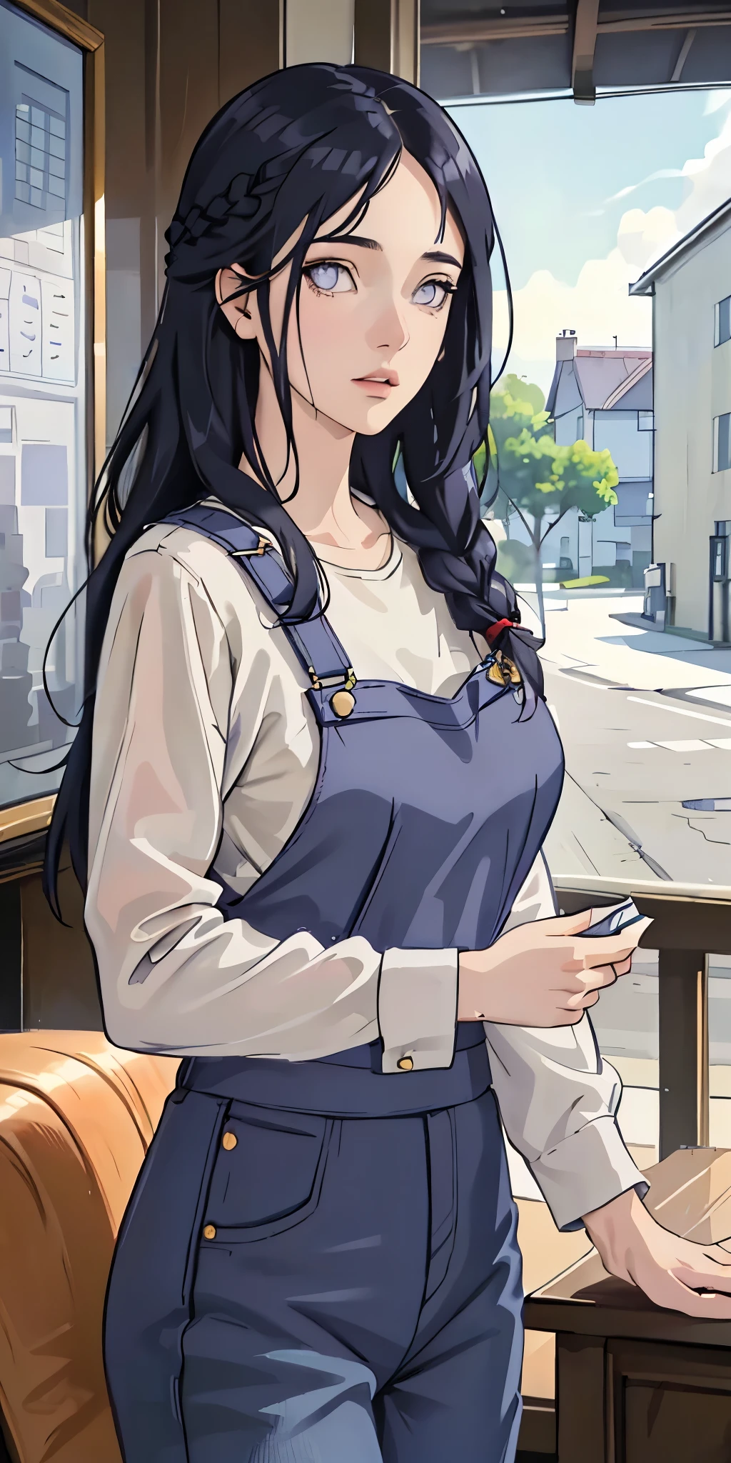 masterpiece, best quality, ultra-detailed, illustration,1girl,
long hair, dark blue hair, french braid, purple eyes, blunt bangs, 
shirt, (denim overalls:1.1),
medium breast,  
looking at viewer, hinata/(boruto/), detailed lips