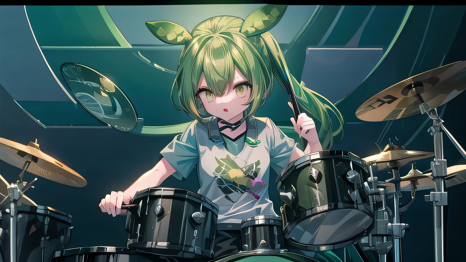 (masterpiece),dark green hair, eyes are yellow, 1 girl, alone, Drum kit,beat the drum,play the drums, (holding stick), side ponytail, hold a drumstick