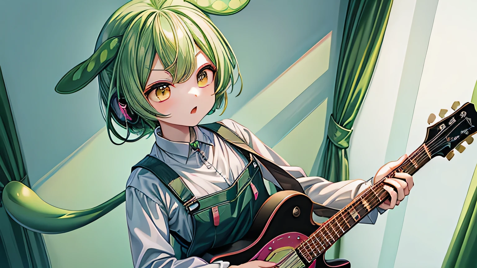((masterpiece, highest quality))1 girl, alone, dark green hair,eyes are yellow,white shirt,green overalls, Electric guitar, guitar, earphone, holding, guitarのピックを持っている, musical instrument, music, one side up, guitarを弾く,interior