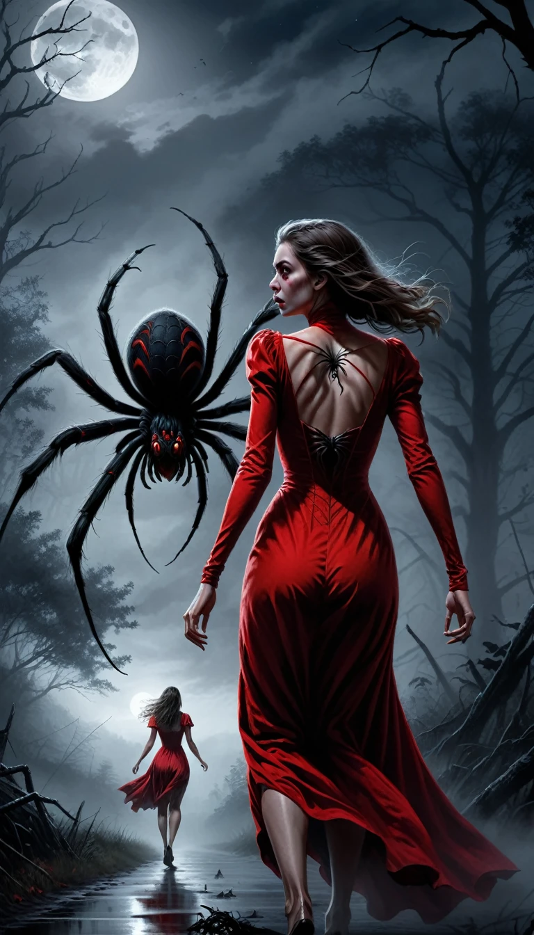 digital drawing, horror movie scene of a beautiful woman in a red dress being stalked in the dark by an spider giant, spooky, terrifying, dark ambiance, misty, 8k, high quality, gray spider giant in the background, intensity, woman looking behind her, running, moonlight