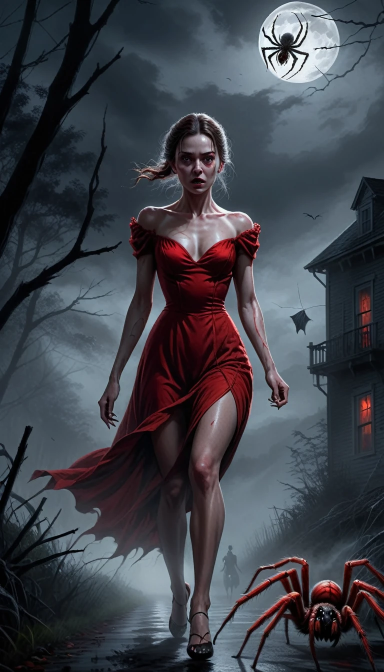digital drawing, horror movie scene of a beautiful woman in a red dress being stalked in the dark by an spider giant, spooky, terrifying, dark ambiance, misty, 8k, high quality, gray spider giant in the background, intensity, woman looking behind her, running, moonlight