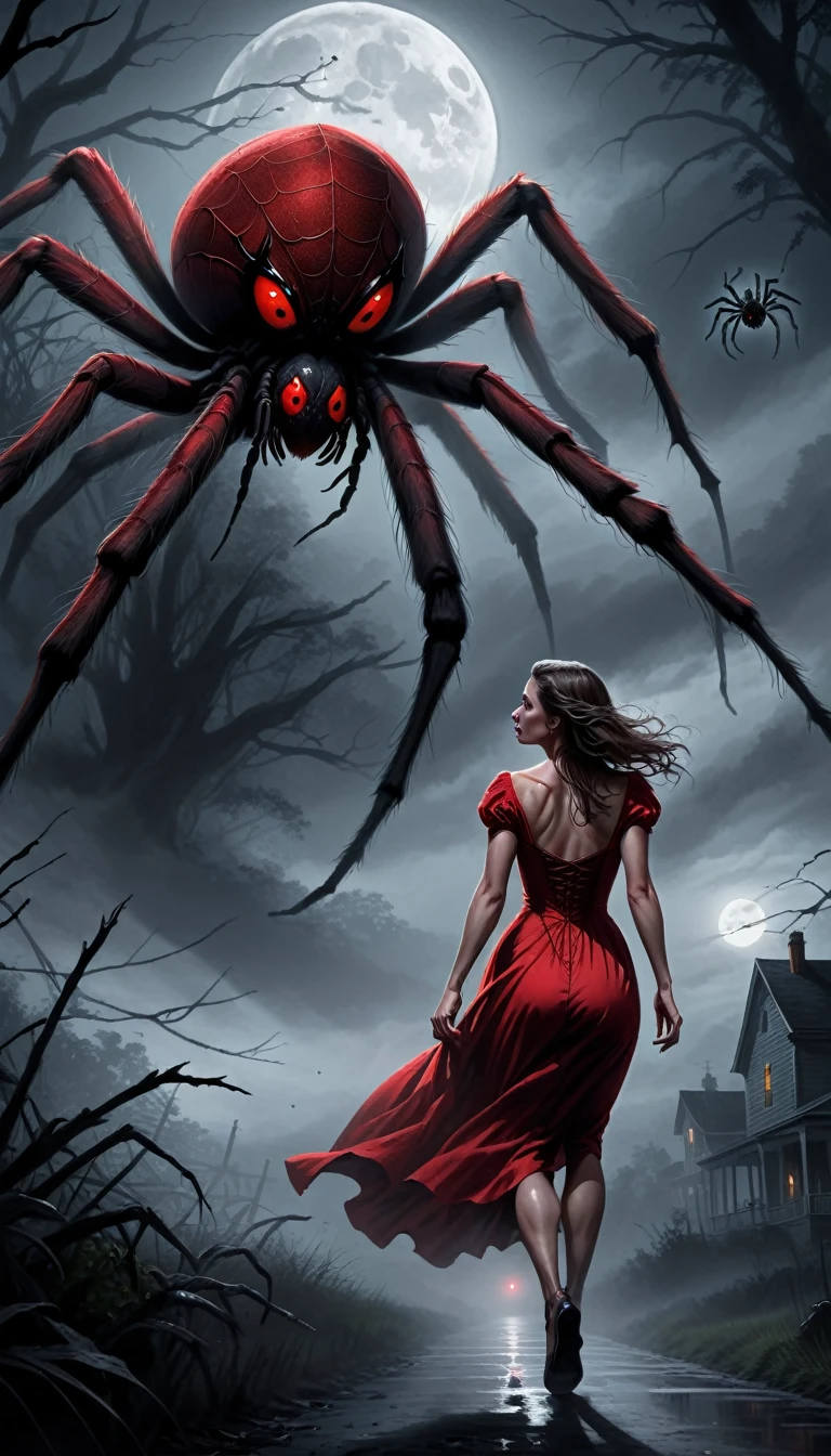 digital drawing, horror movie scene of a beautiful woman in a red dress being stalked in the dark by an spider giant, spooky, terrifying, dark ambiance, misty, 8k, high quality, gray spider giant in the background, intensity, woman looking behind her, running, moonlight