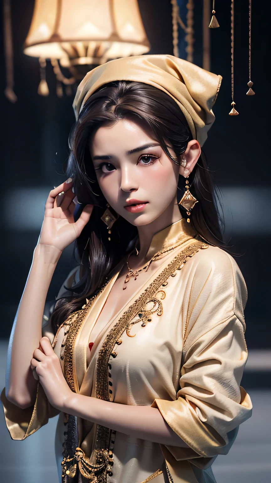 masterpiece, top quality, 8k, Huang Li, a beautiful girl, kawaii, External,(half body:1.2), (Completely naked:1.5), Wear a cashmere headscarf, (dark brown hair),Good shape, and makeup, Facial cumshot, near method and far method, depth of field, surreal, high resolution, photo, lock focus, north african free trade area, face lamp, Dynamic lighting, 最高detail, 极高的detail、Super detailed、detail、Genuine skin、Exquisite facial features、prone to negative emotions