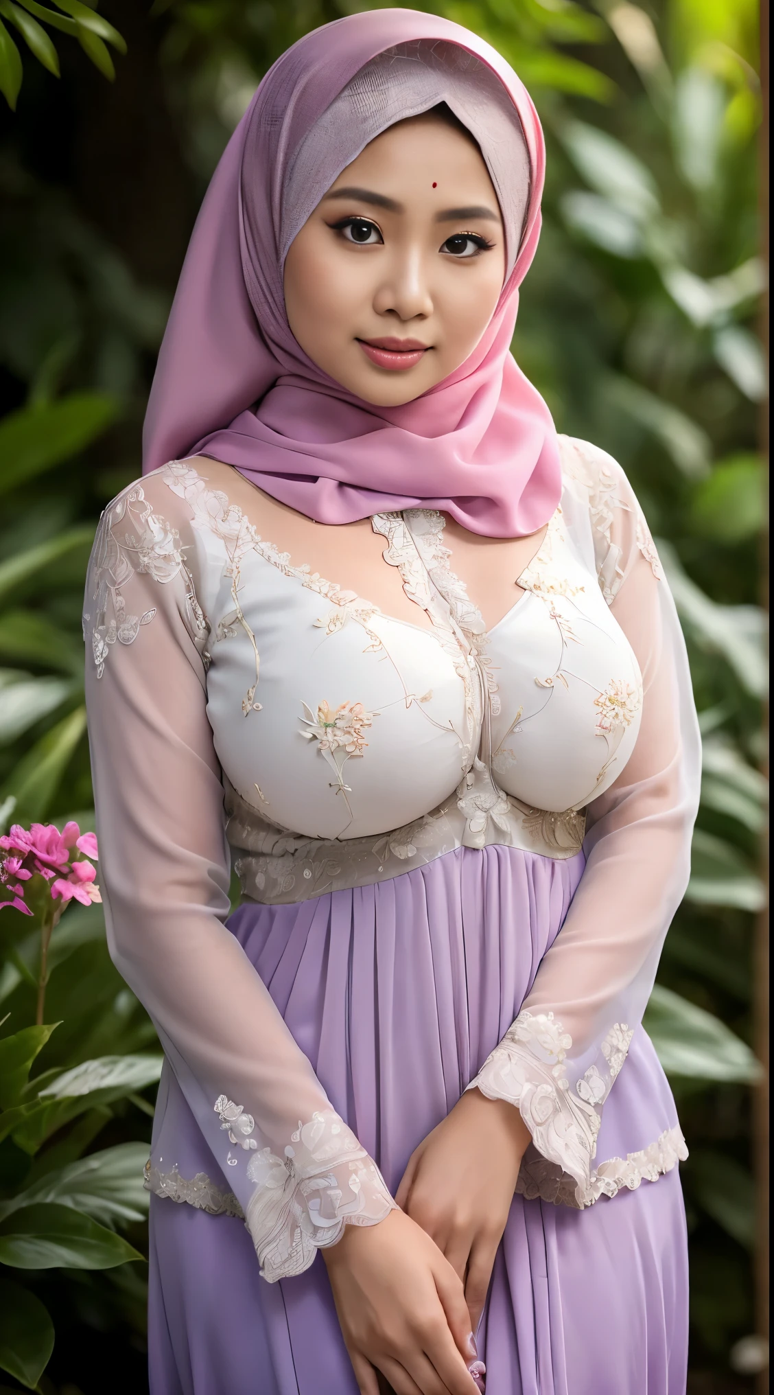 RAW, Best quality, high resolution, Masterpiece: 1.3), Beautiful javanese woman in hijab, Masterpiece, Perfect slim body, (Big breasteautiful big eyes, Soft smile, Masterpiece:1.2, Best quality), Realistic, (Real picture, Intricate details, Depth of field，1 javanese girl , modern plain hijab,  shy, medium portrait shot , watery  eyes ,droopy eyes, watery, lip glossy, sad face, ((big breast)), wear java wedding woman in kebaya purple dress berendra,unbutton see a bra, kebaya batik, (big breast) , flower garden background, bokeh background, proportional body,