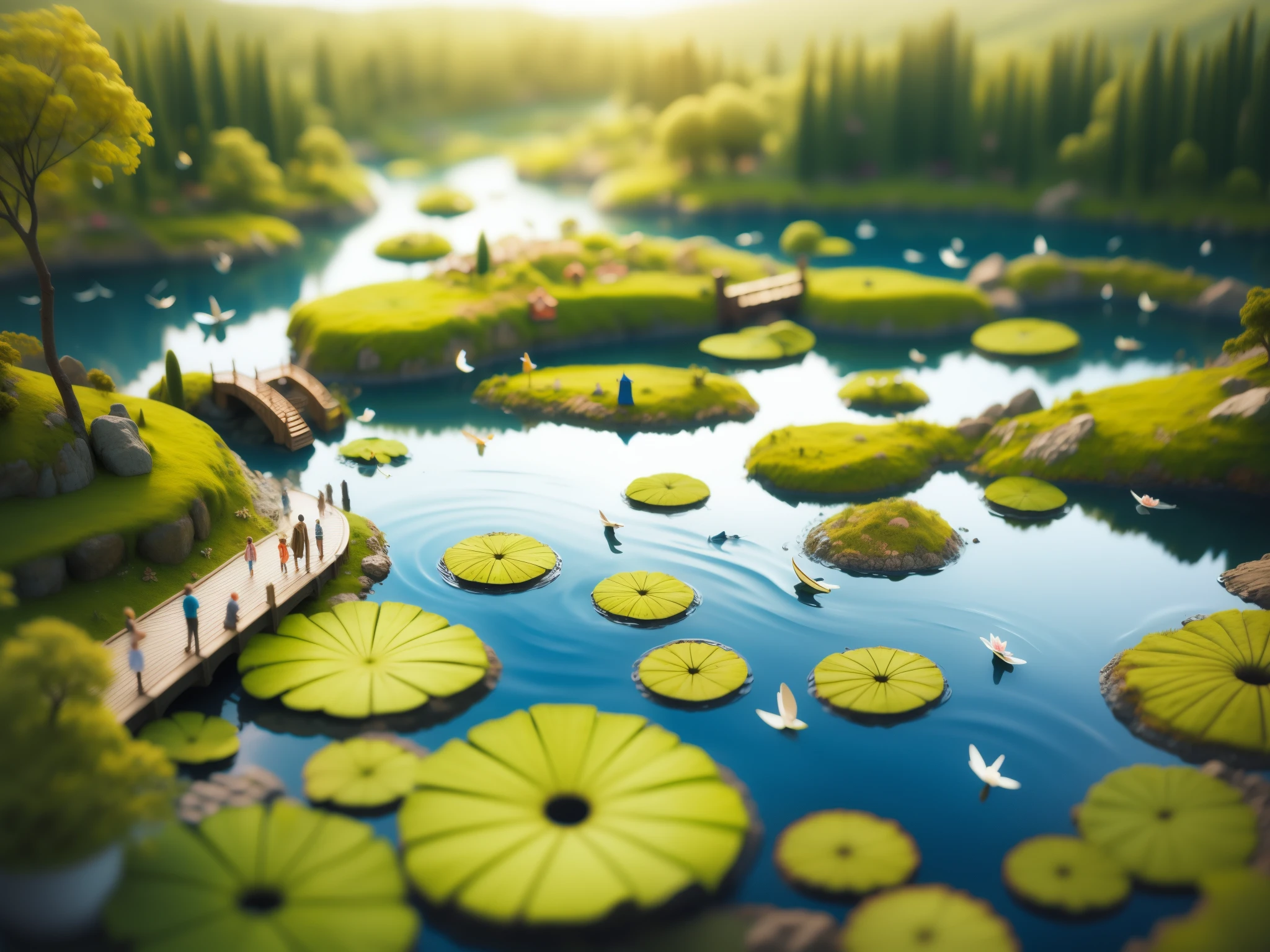 miniature, God's perspective,a whole pond,lotus,lotus leaf,tilt shift, volume, landscape,Brush rendering, 3d,Ultra-detailed,