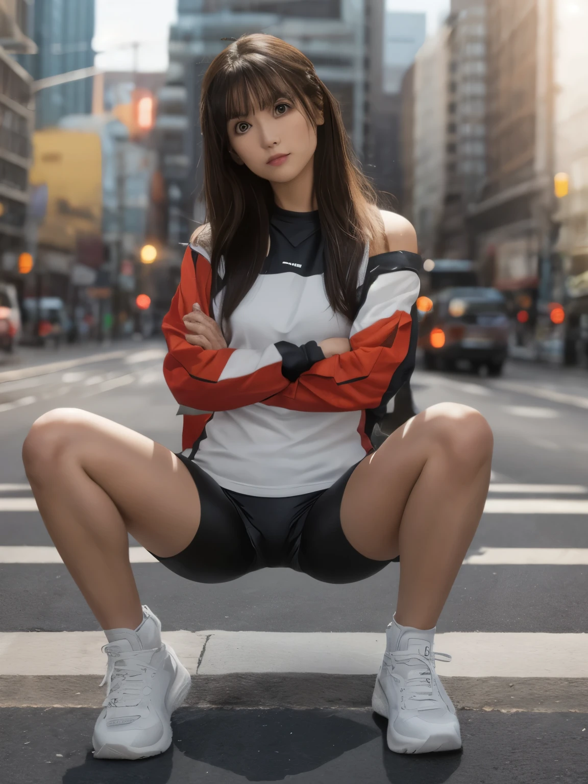 (Photographed with Canon EOS R5,Canon EF 24-70mm f/2.8L II,LED panel) , (Photo real:1.5), realistic,
best quality, ultra high resolution, perfect anatomy, Masterpiece, Best Quality, (view the viewer:1.4), daylight,
Perfect hands, Detailed finger, (Perfect fingertip), extra detailed face, Well-designed hands, Well-designed legs, well-drawn feet,
1girl, solo, 24 yo, small breasts, brown hair, brown eyes,
looking at viewer, glaring at viewer,
wearing simple upper outfit, (biker shorts:1.5), sneaker,
(spread legs, crossed arms, sitting on road :1.5),
(turning the body towards viewer:1.5) ,
outdoors, street,
full body shot, realistic,