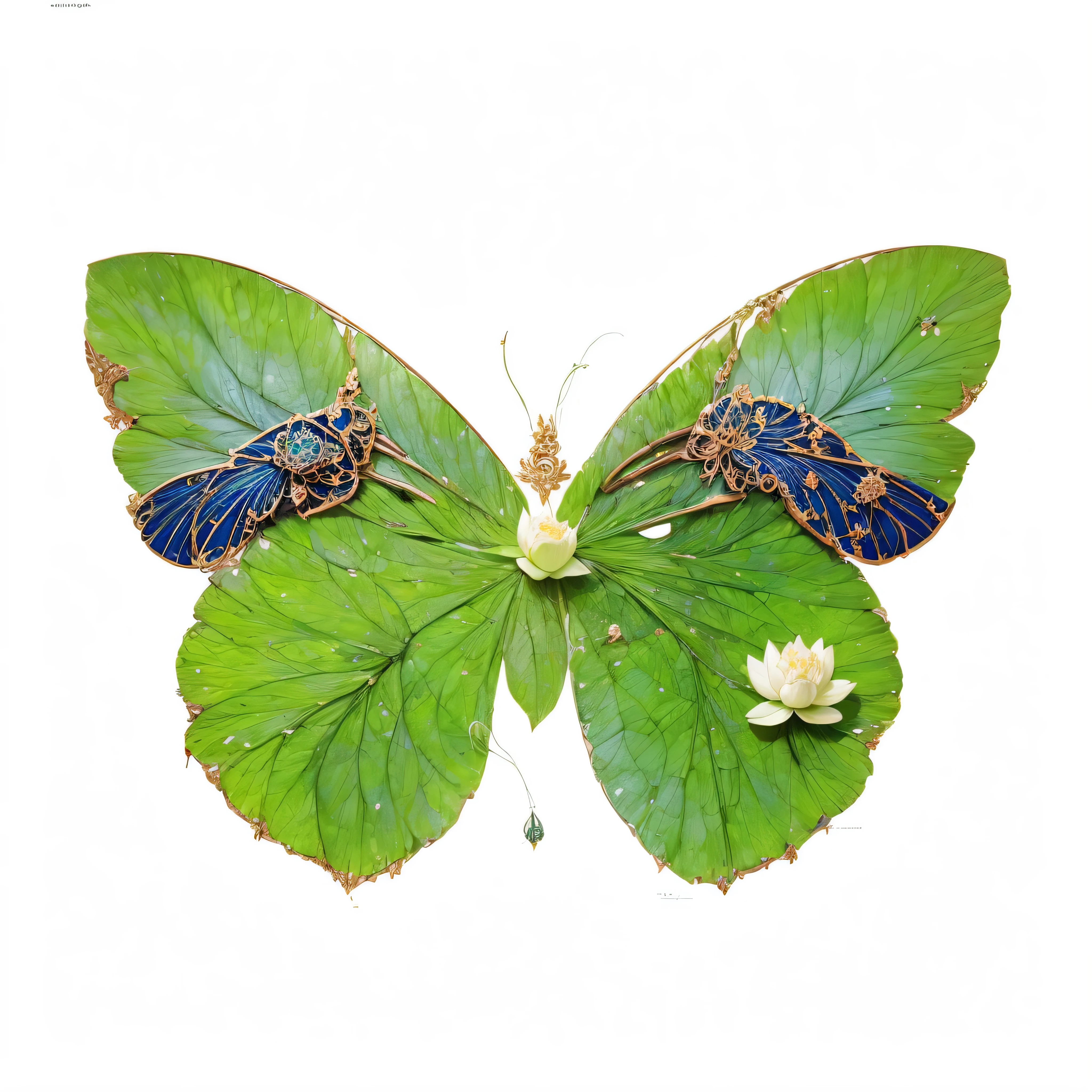 Lotus leaf element,There are white lotus elements on the wings,Great white lotus,empty,There are wavy patterns on the wings,overlapping layers,There is a little dragonfly on the lotus