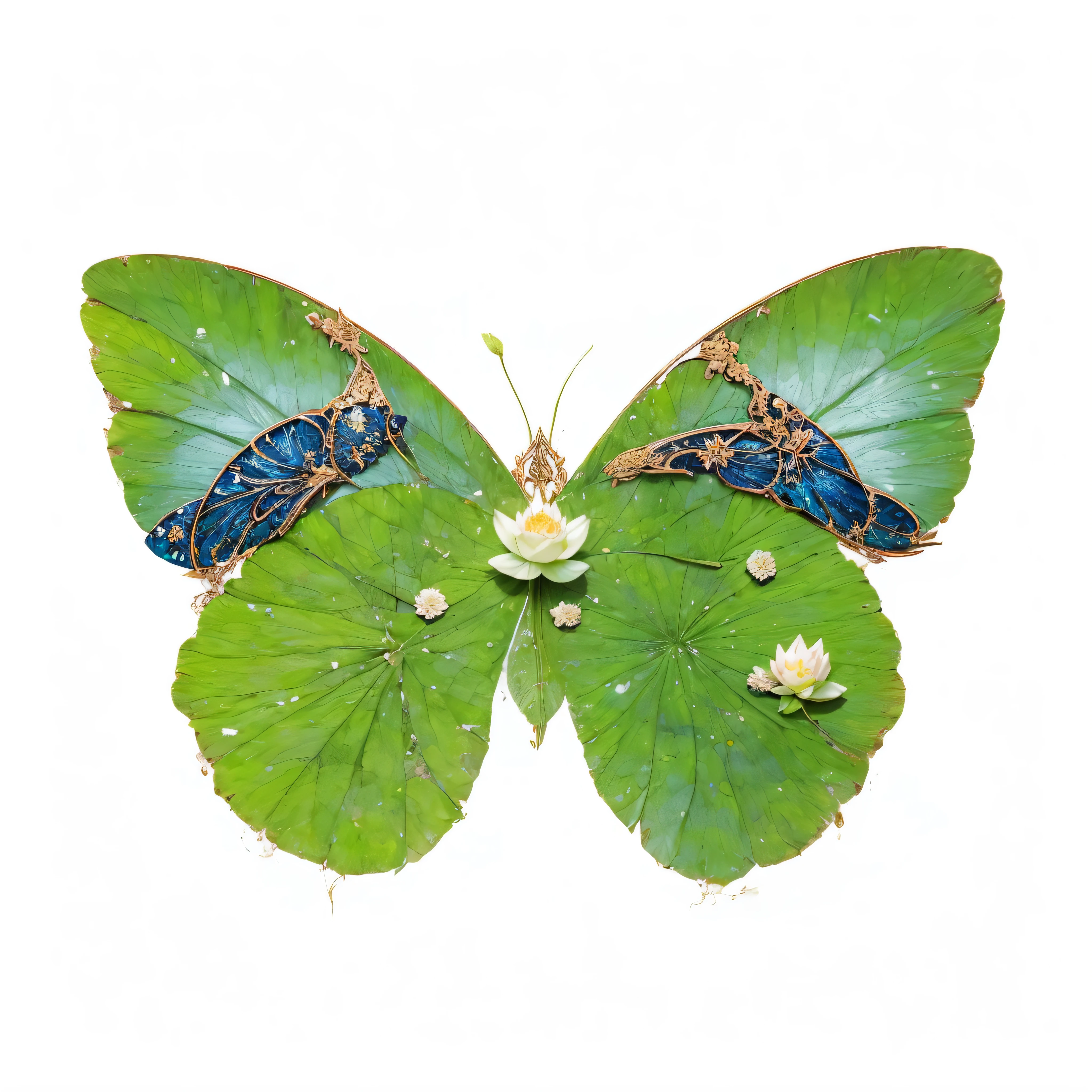 Lotus leaf element，There are white lotus elements on the wings，Great white lotus，empty，There are wavy patterns on the wings，overlapping layers，There is a little dragonfly on the lotus