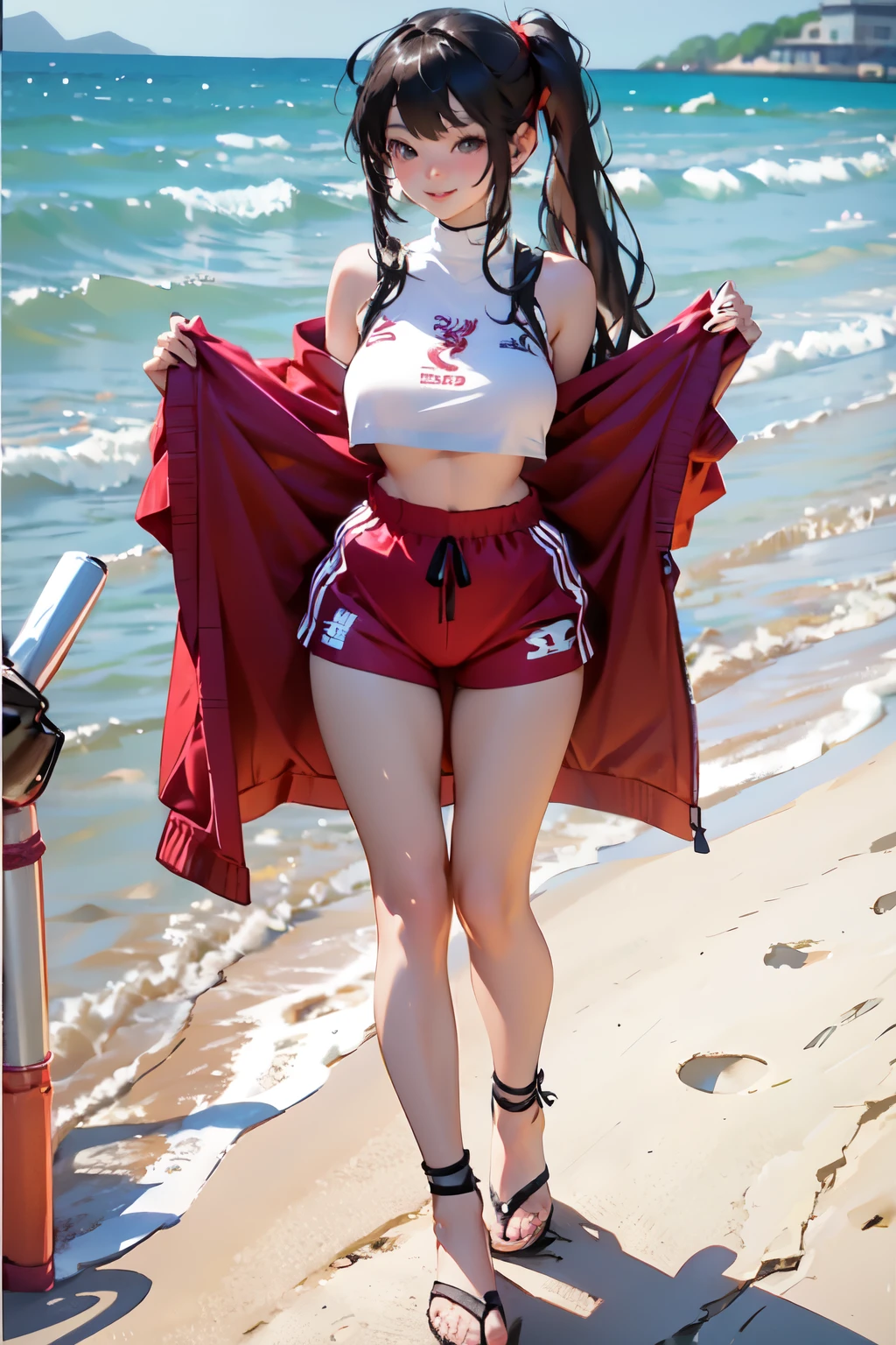 1girl in、25-years old、large boob、I can see the breasts、full body asian、A dark-haired、hotpants、i can see a little panty、Beach、A slight smile、liverpool fan ,