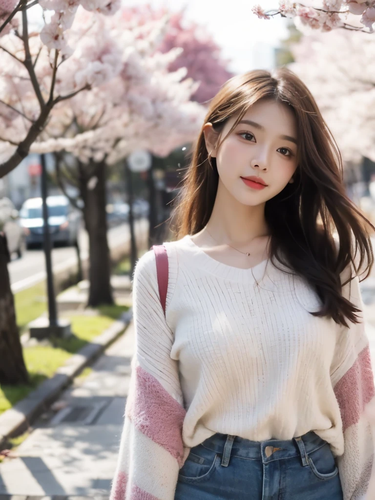 (masterpiece:1.2, highest quality), blur the background, 1 Young Women, (big breasts), Plain clothes with little exposure, blushing face, looking at the viewer, (Walking along the cherry blossom trees), daytime,4K resolution