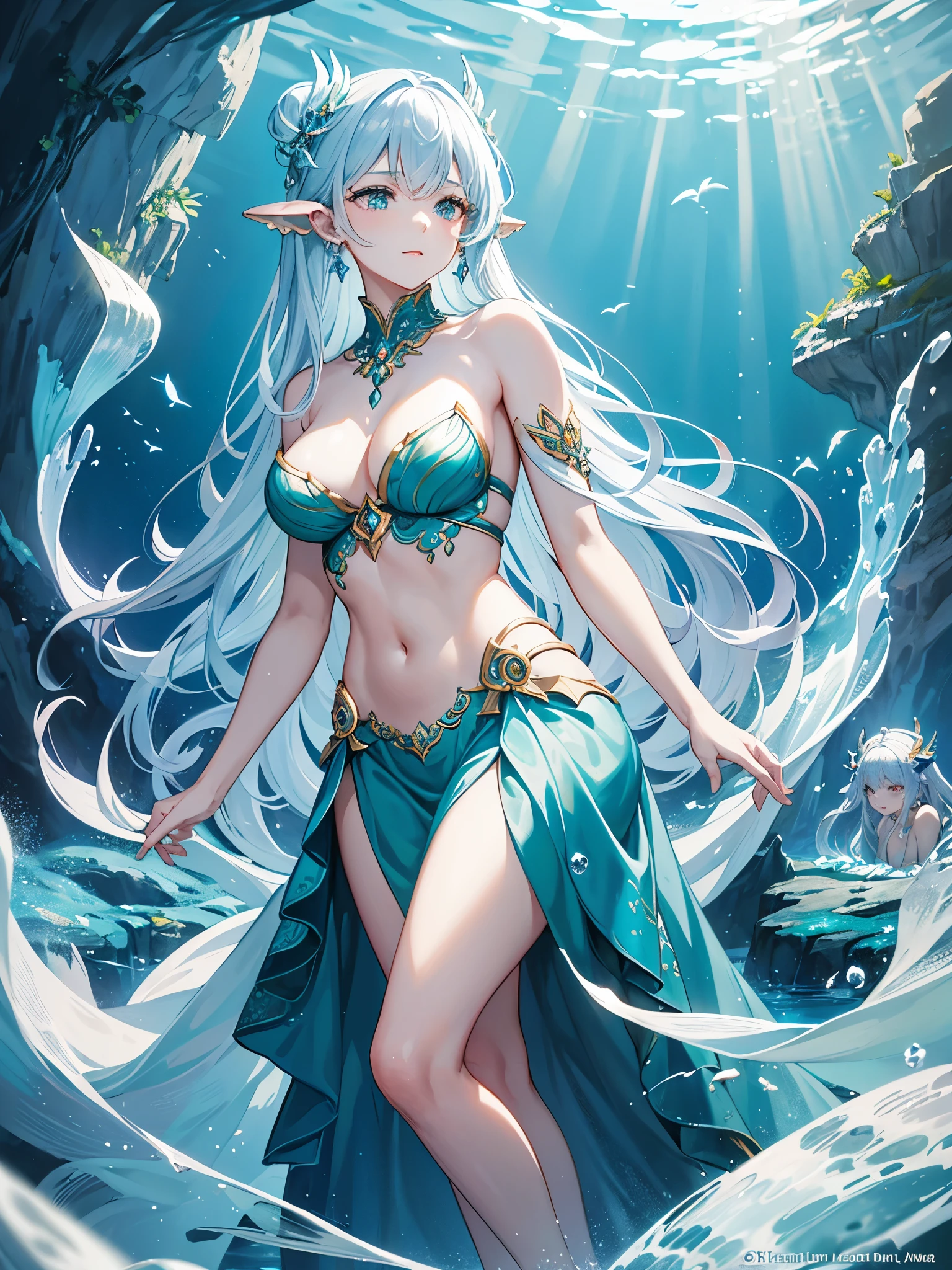 Craft a spellbinding fantasy illustration for our card game, capturing the enchanting allure of mythical sirens in the depths of the ocean. The scene unfolds in the moonlit waters, with the following key elements: Sirens' Sonata: Illustrate a group of mesmerizing sirens, perched on rocky outcrops amidst gentle waves. Their graceful forms should emanate an alluring charm, evoking a sense of both beauty and danger. Moonlit Waters: Set the stage with a moonlit seascape, casting a serene glow upon the calm ocean. The moon's radiance should illuminate the scene, creating reflections on the water's surface. Ancient Seabed Sanctuary: Integrate ancient underwater ruins, partially visible beneath the transparent sea. These ruins serve as the sirens' mystical sanctuary, adorned with intricate designs and magical symbols. Oceanic Creatures: Populate the underwater world with marine life, including playful dolphins, ethereal jellyfish, and schools of radiant fish. Their presence adds depth and vitality to the siren's aquatic realm. Enchanted Melodies: Capture the essence of the sirens' songs with visual representations of enchanting melodies. Illustrate musical notes, ethereal waves, or magical emanations flowing from the sirens' voices. Sirens' Gems: Adorn the sirens with mystical gems or accessories that amplify their enchanting powers. Each gem should radiate a soft glow, adding to the overall magical ambiance. Color Palette: Infuse the artwork with a captivating color palette inspired by moonlit nights and underwater realms. Emphasize soothing blues, luminescent greens, and ethereal purples to create a magical and enchanting atmosphere. Style Reference: Embrace a fantasy art style with attention to detail, elegant character designs, and a dreamlike quality that transports viewers into the enchanting world of the sirens. 8k resolution