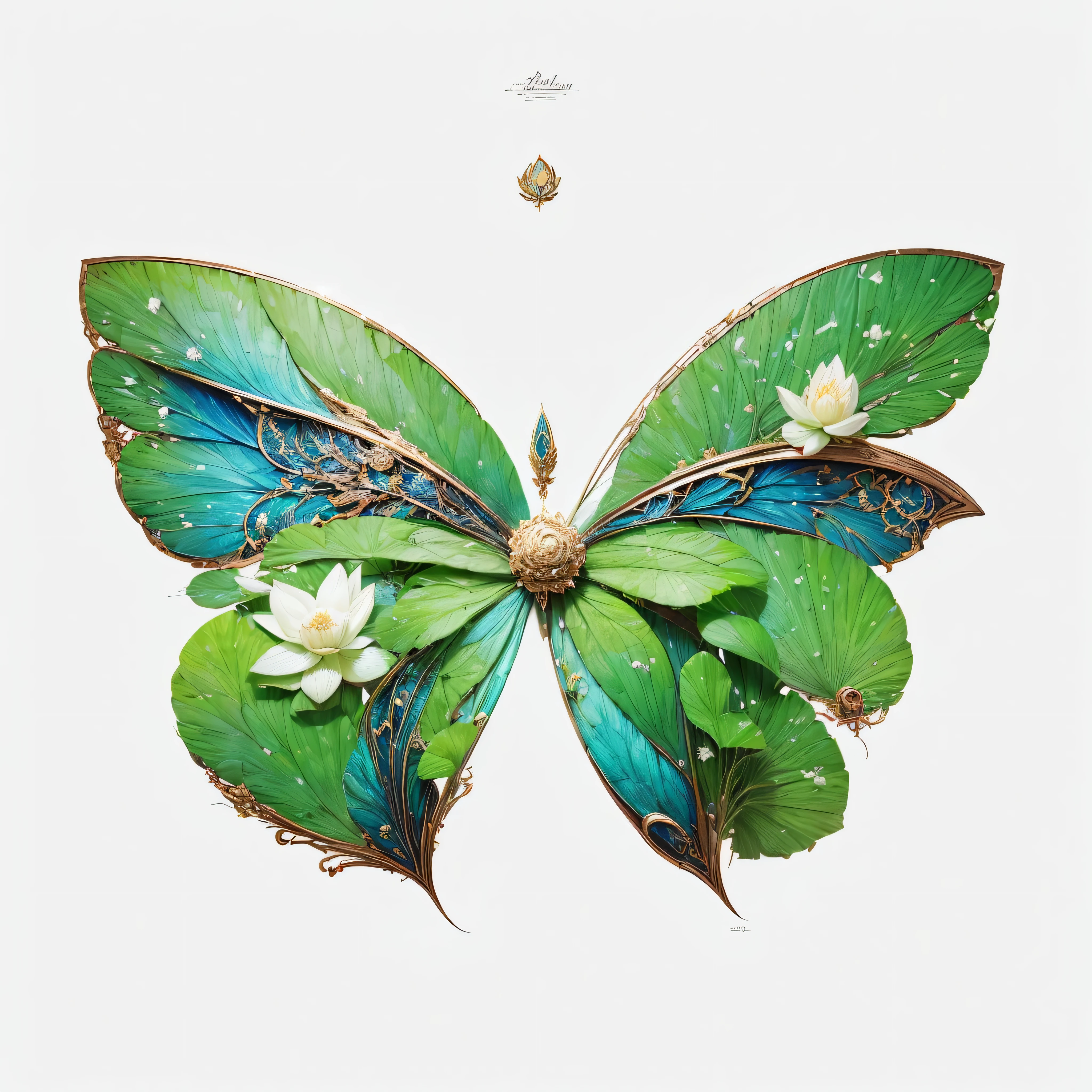 (best quality,4k,8k,high resolution,masterpiece:1.2),White lotus elements on the wings,White large blooming lotus,Butterfly wings with wavy pattern,layered,size overlay,Lotus and little dragonfly