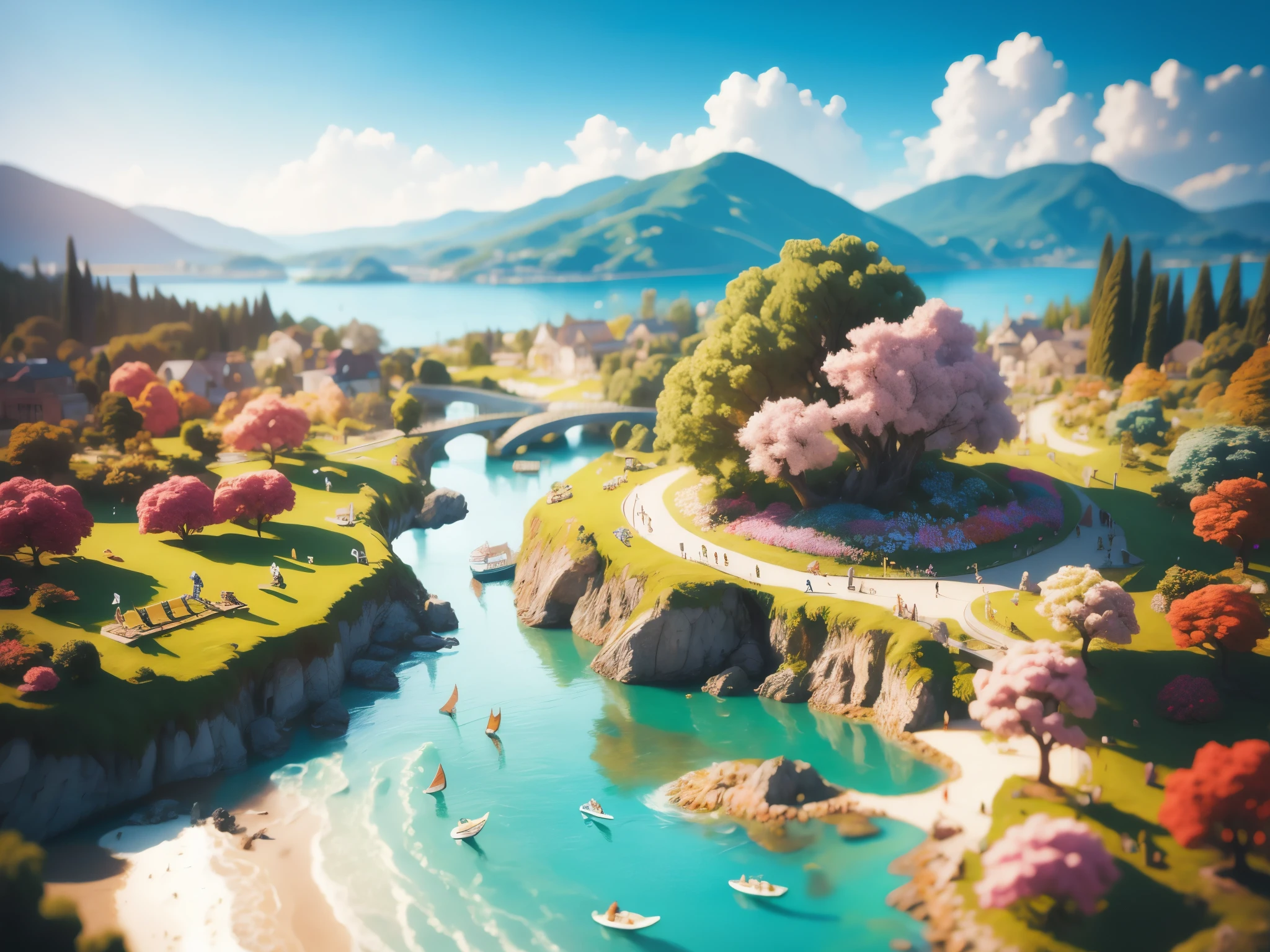 miniature， Sea of flowers， landscape，Brush rendering， 3d，Ultra-detailed