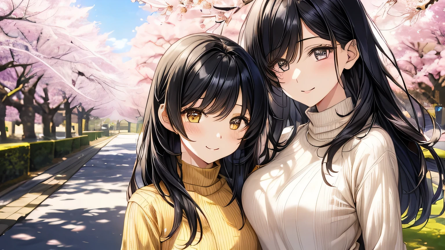 1 female、28 years old、Adult and realistic face、long face、beautiful hair, black hair、shortcut、fine and beautiful eyes、big slanted eyes, Are you okay、A big smile full of softness、yellow knit sweater、The woman is drawn from the navel upwards、Walk along the cherry blossom trees in the park、small bust