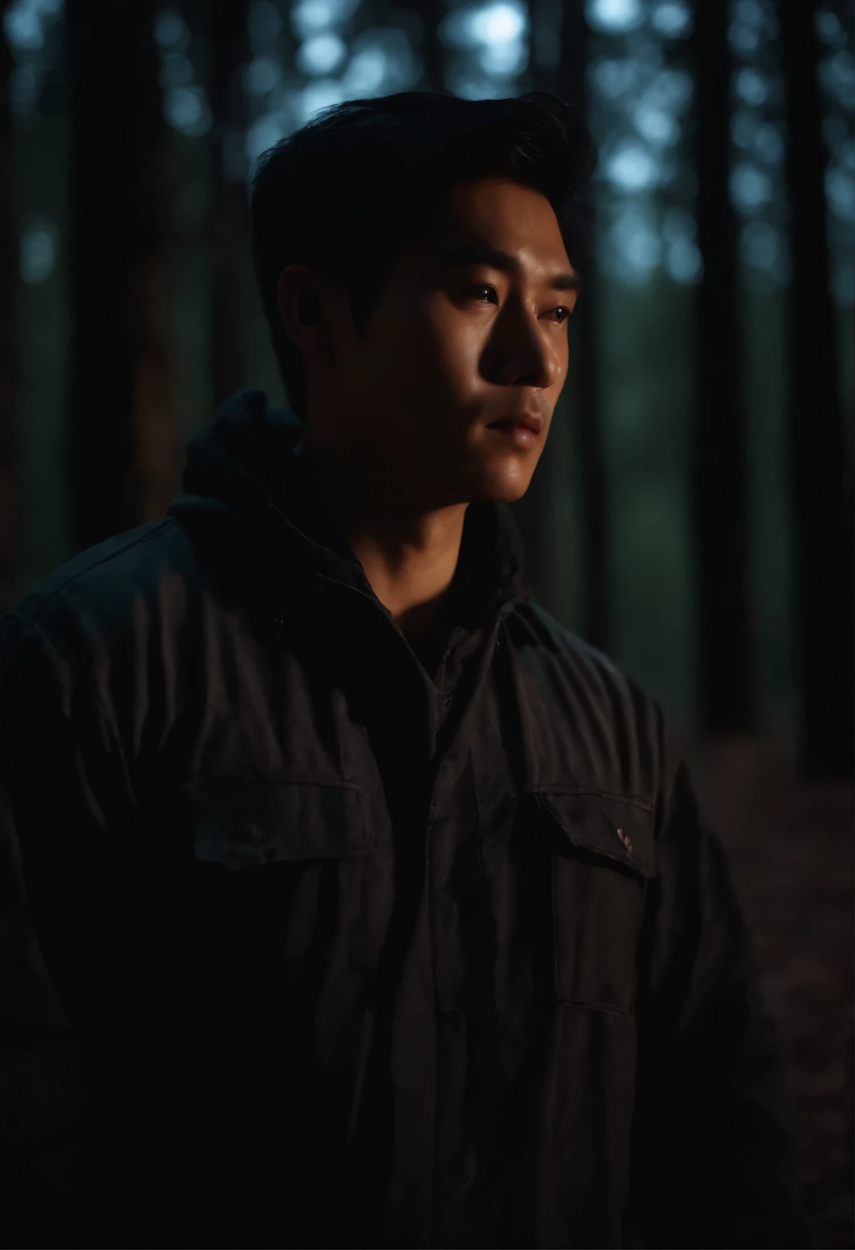 front view Close-up view, 23 year old Asian man walking in the forest at night, spooky atmosphere at night, dark pine trees, forest at night Night time looks very realistic.