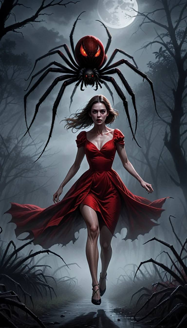 digital drawing, horror movie scene of a beautiful woman in a red dress being stalked in the dark by an spider giant, spooky, terrifying, dark ambiance, misty, 8k, high quality, gray spider giant in the background, intensity, woman looking behind her, running, moonlight