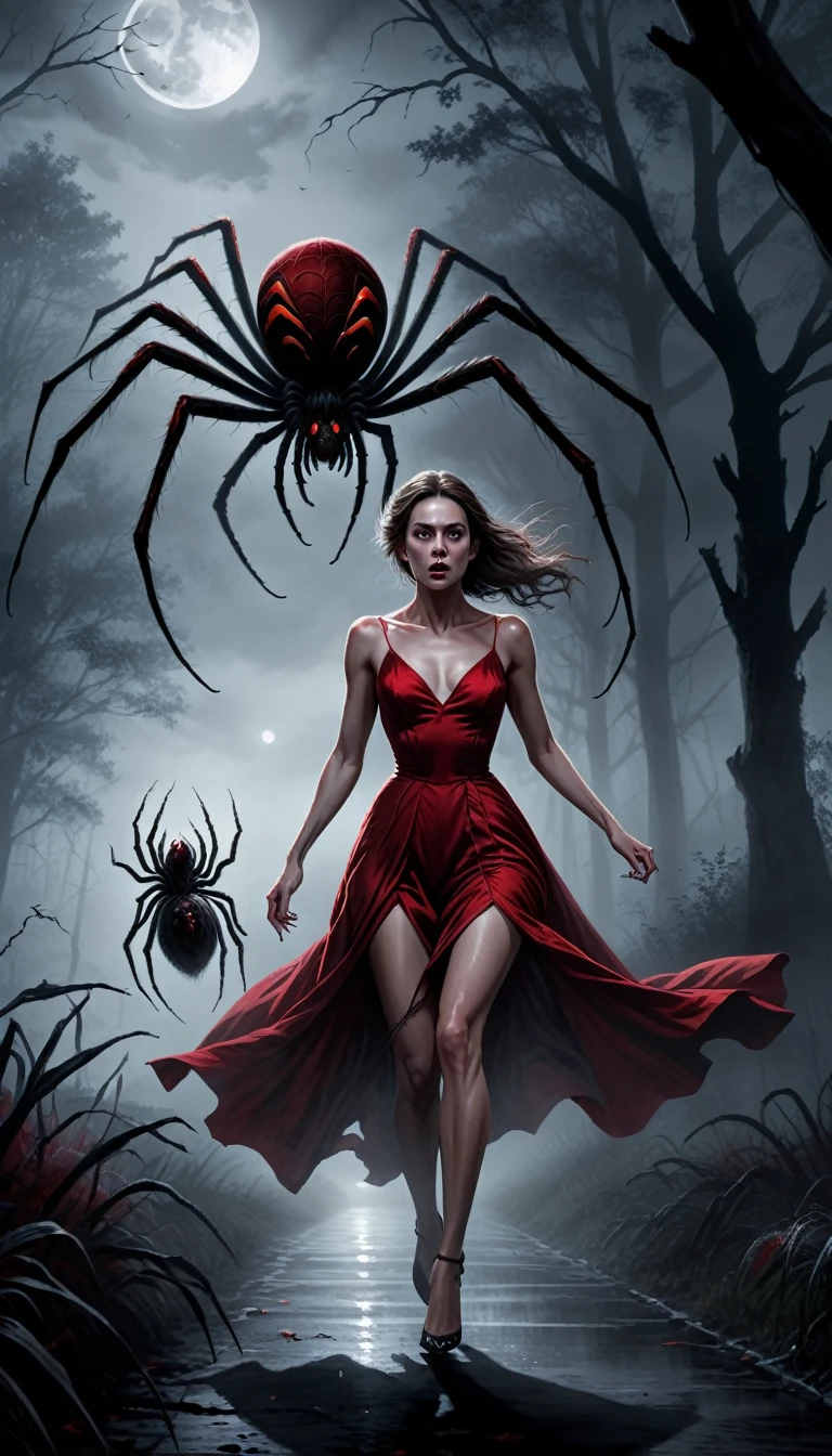 digital drawing, horror movie scene of a beautiful woman in a red dress being stalked in the dark by an spider giant, spooky, terrifying, dark ambiance, misty, 8k, high quality, gray spider giant in the background, intensity, woman looking behind her, running, moonlight