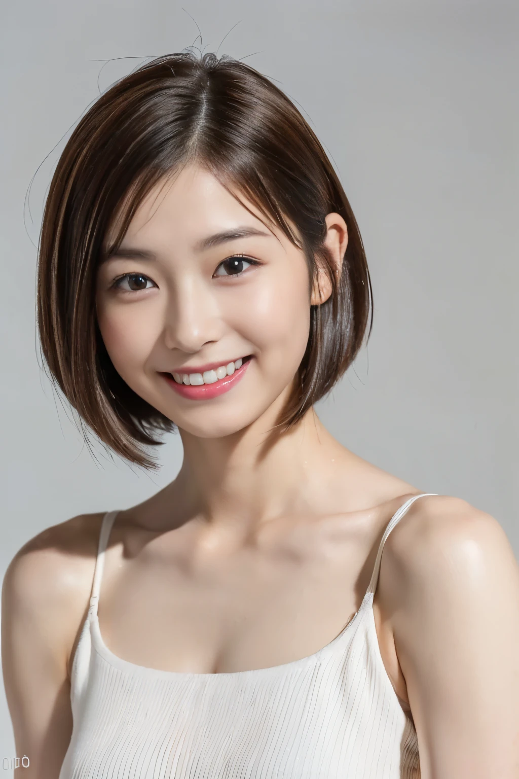 ((8k, RAW photo, highest quality, highest quality)),(realistic pictures: 1.5),(Detailed photos: 1.5),(Attribution),(Japanese people々),(1 person),(20-year-old),(smile),(double eyes),(chip: 1.5),(groomed eyebrows),(light makeup),(short hair:1.5),(wet straight hair),(brown hair),(small breasts),(Wearing a white tube top),(white background)