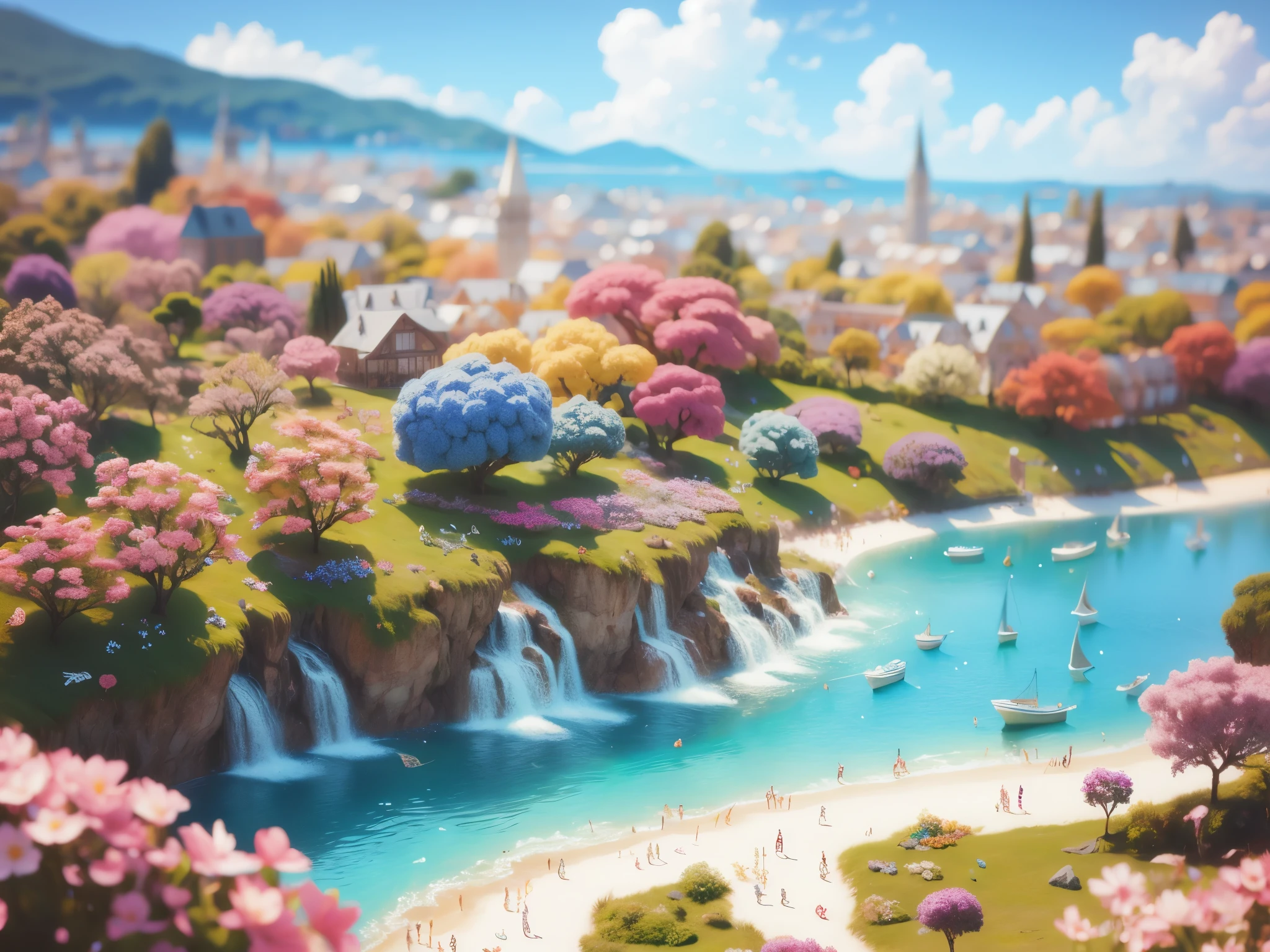 miniature， Sea of flowers， landscape，Brush rendering， 3d，Ultra-detailed