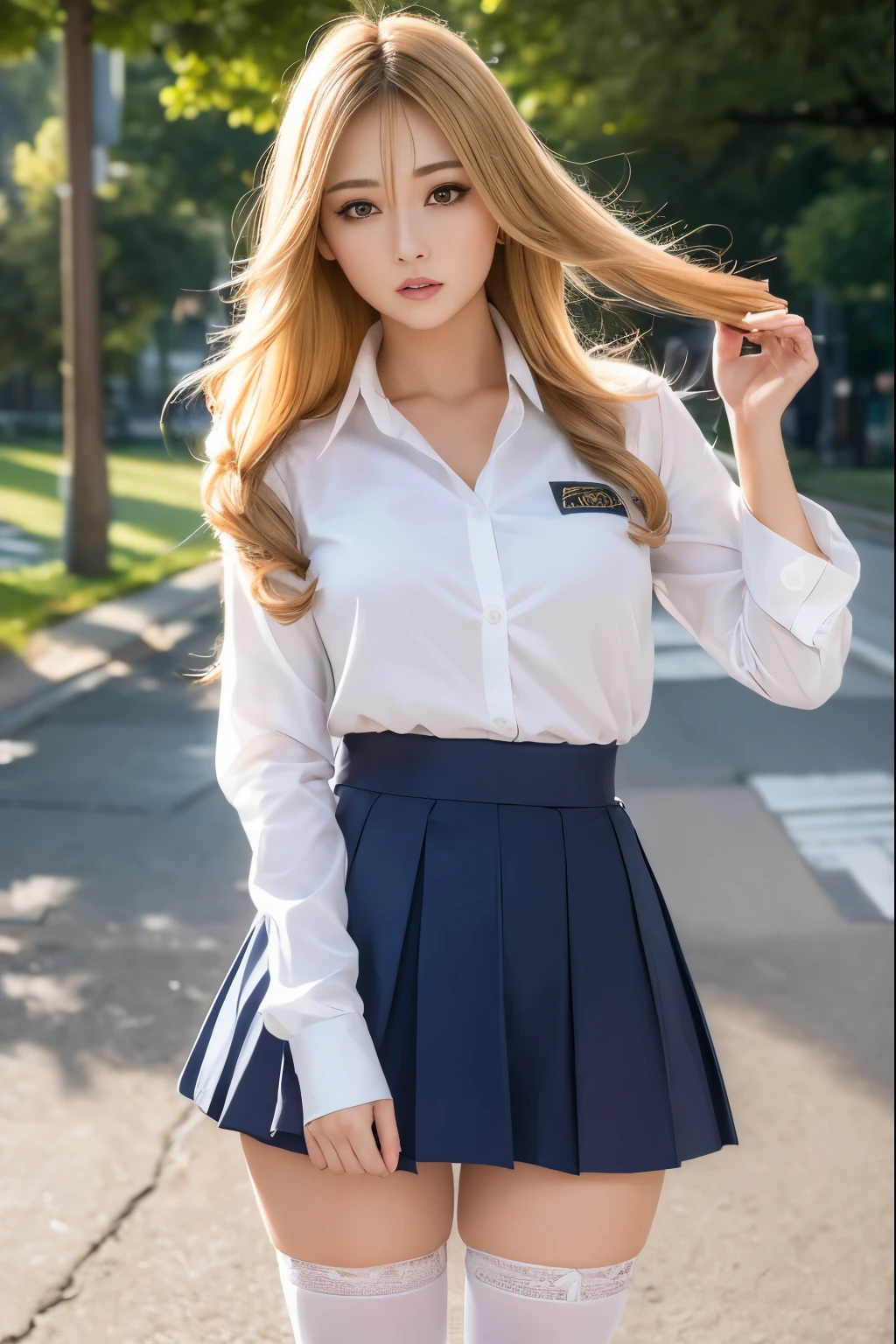 (highest quality,4k,masterpiece:1.2),Beautiful woman,1 girl,sexy:1.1,dark yellow hair:1.1,woman wearing school uniform,soaking wet uniform,super detailed face,lip details,fine eyes,double eyelid,miniskirt white stockings,stand up,(windy upskirt)、(pants are visible、underwear is visible、Panty shot)、turn up the skirt、Full body shot,show the whole body