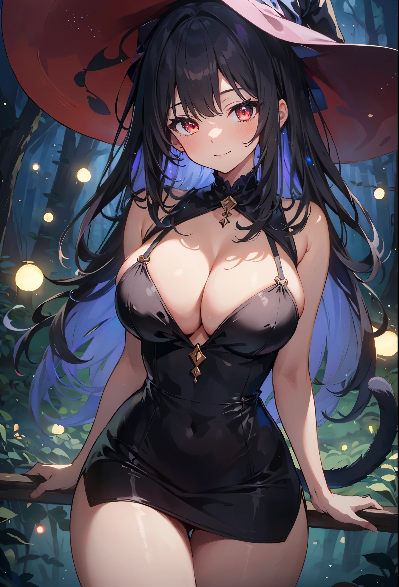 high quality, ultra detailed, best quality, insanely detailed, beautiful, masterpiece, 1girl, solo, illustration, night forest, particle lights, cowboy shot, looking at viewer, red eyes, long hair, bangs, black hair, witch, witch hat, bodycon dress, cat tail, large breasts, cleavage, thighs, closed mouth, smile, blush