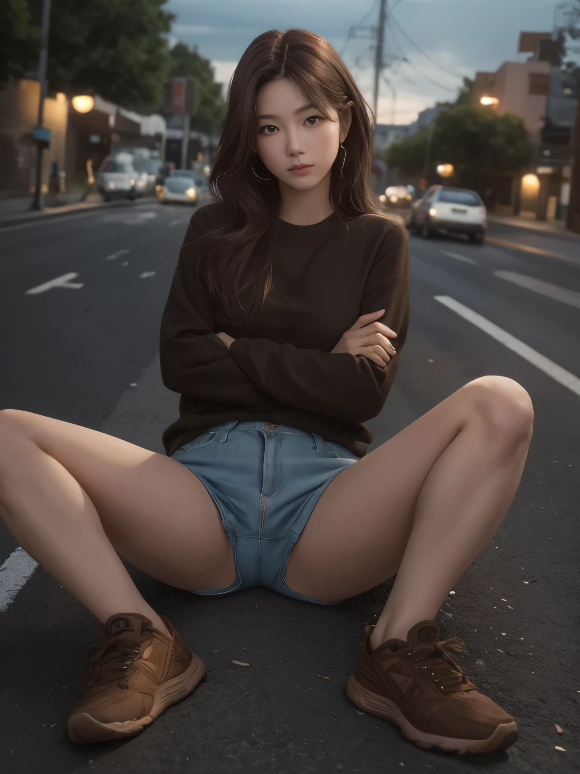 (Photographed with Canon EOS R5,Canon EF 24-70mm f/2.8L II,LED panel) realistic,
best quality, ultra high resolution, perfect anatomy, Masterpiece, Best Quality, (view the viewer:1.4),
Perfect hands, Detailed finger, (Perfect fingertip), extra detailed face, Well-designed hands, Well-designed legs, well-drawn feet,
1girl, solo, 24 yo, small breasts, brown hair, brown eyes,
looking at viewer, glaring at viewer,
wearing simple outfit, sneaker,
(spread legs, crossed arms, sitting on road :1.5),
(turning the body towards viewer:1.5) ,
outdoors, street,
full body shot, realistic,