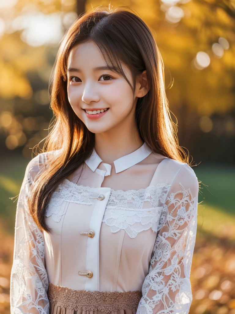 (masterpiece:1.3), (high resolution:1.2), Dynamic lighting. A happy smile looking at this, Under the Autumn Sky, dressed casually, (daydream), 1girl in, Solo Images, Kim Yoo-jung, (Quite a young face (Russian)), Focus chest, (Insult Strip Color Hair), (Lace dress), (Highly realistic detail faces in 8k HD:1.5) (Soft Scene, Very low lightning), Detailed beautiful reflexed pupils,